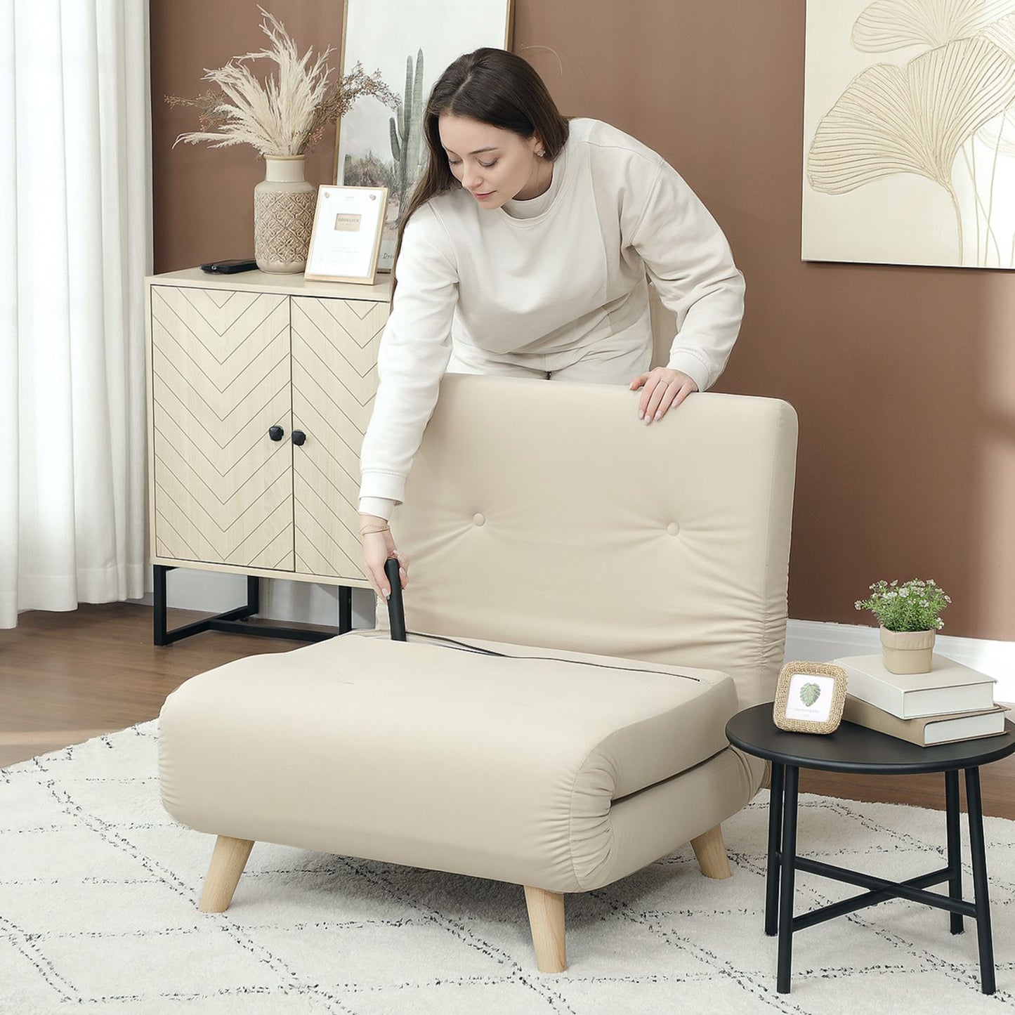 Folding Velvet Look Sleeper Chair with cushions, Beige