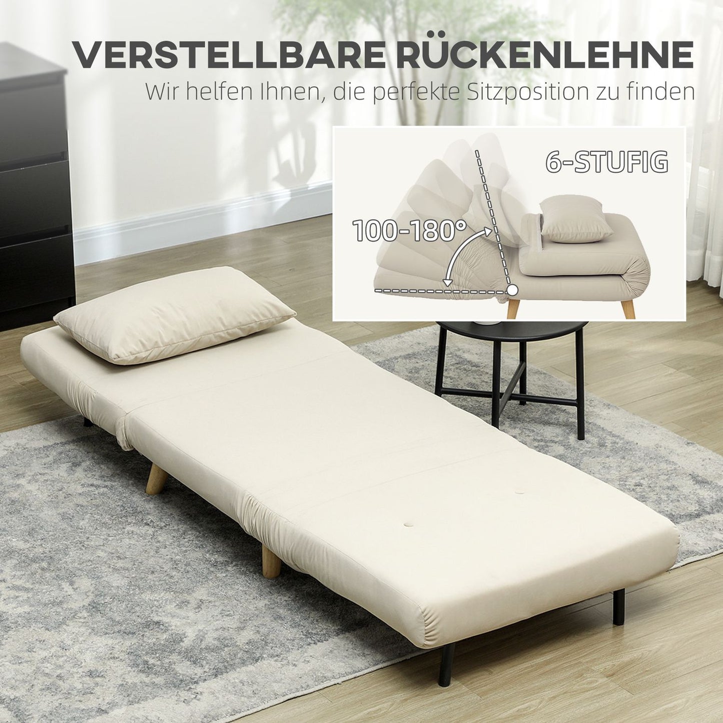 Folding Velvet Look Sleeper Chair with cushions, Beige