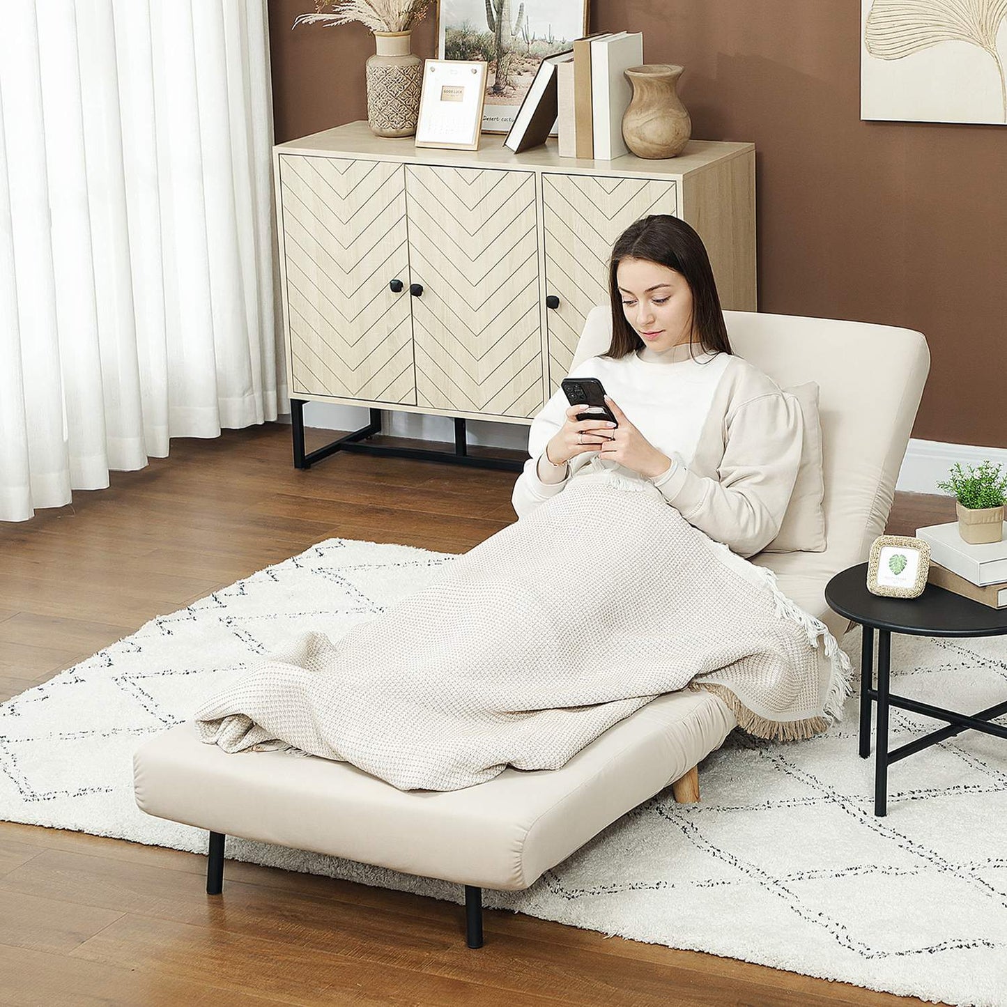 Folding Velvet Look Sleeper Chair with cushions, Beige