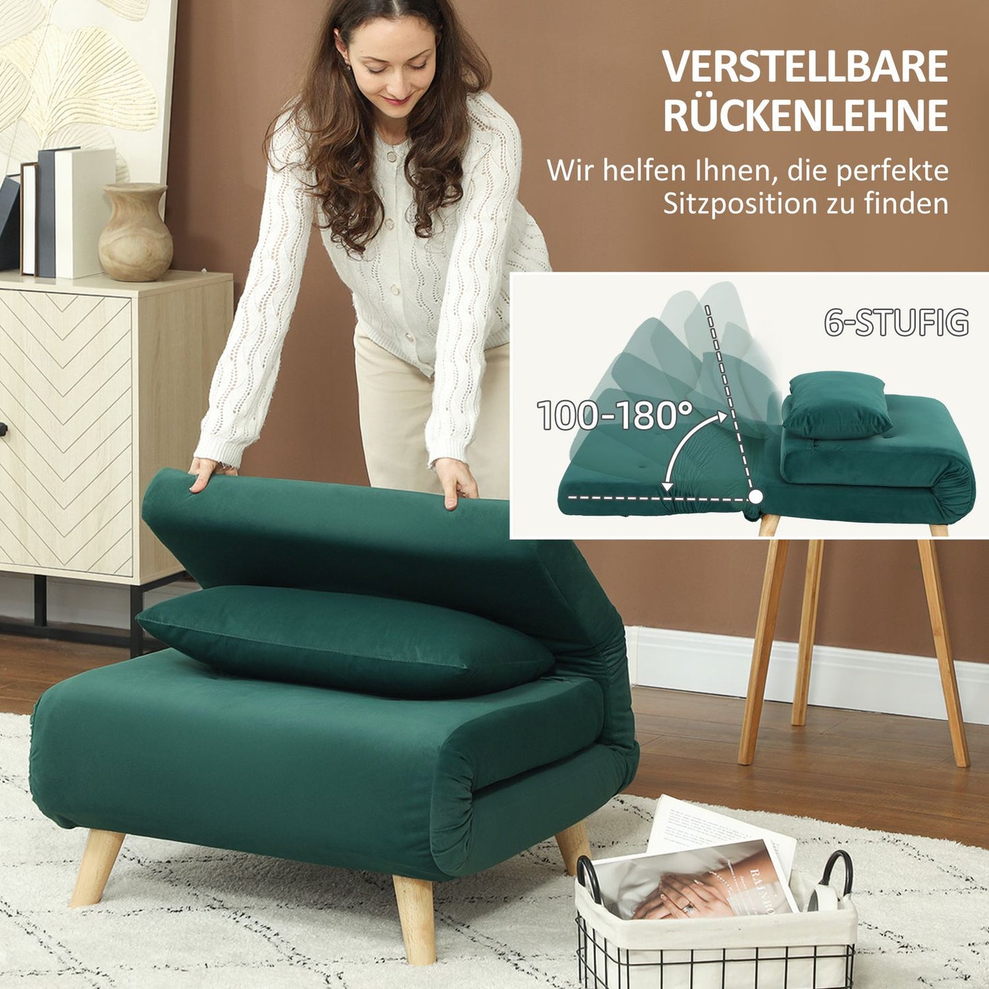 Folding Velvet Look Relax chair with adjustable backrest