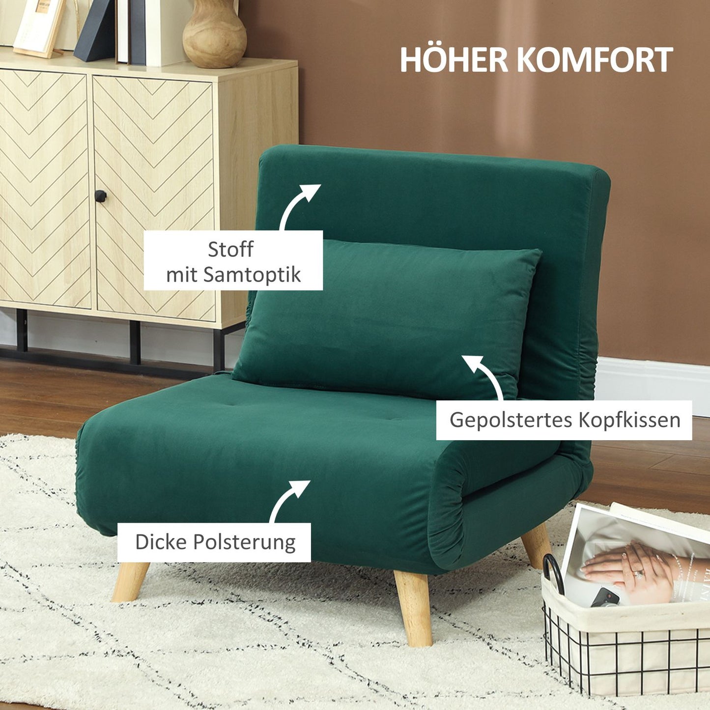 Folding Velvet Look Relax chair with adjustable backrest
