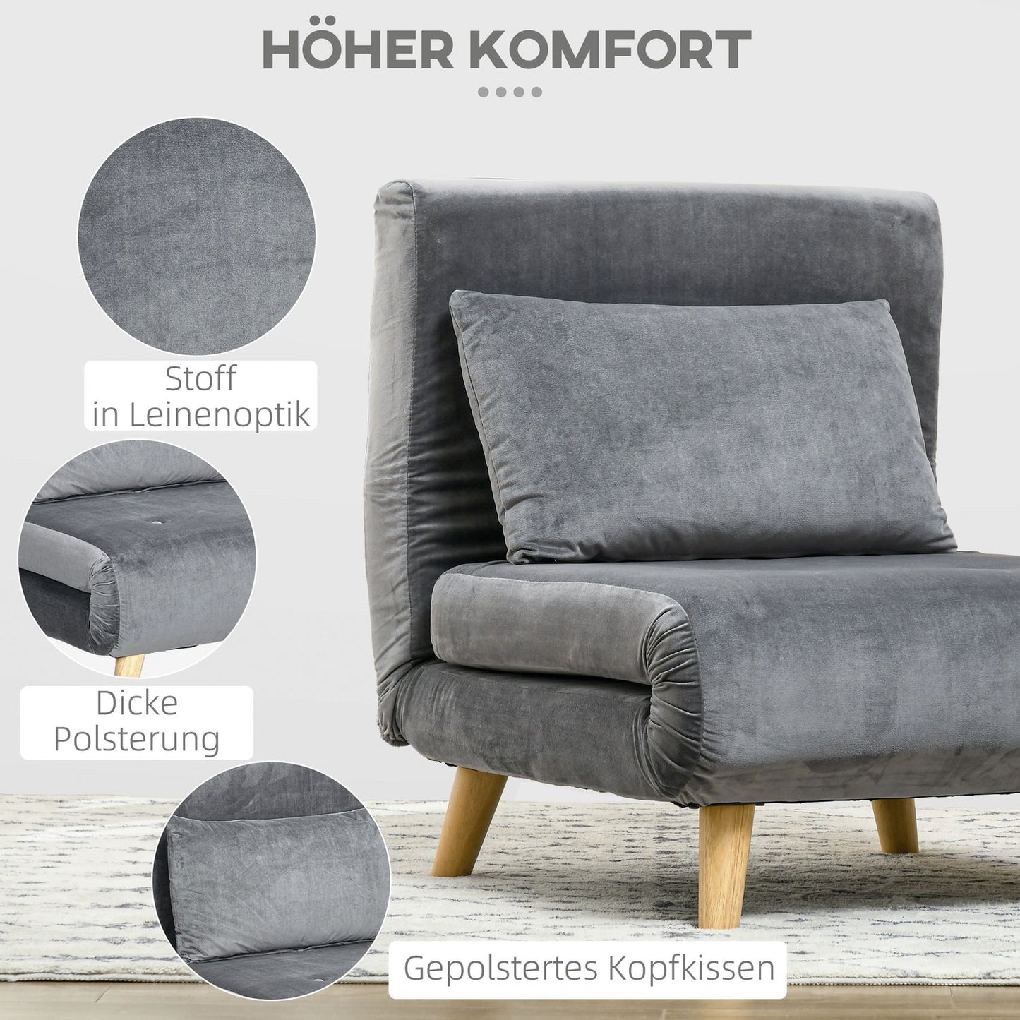 Folding sleeping chair Bed, Adjustable backrest, Gray velvet