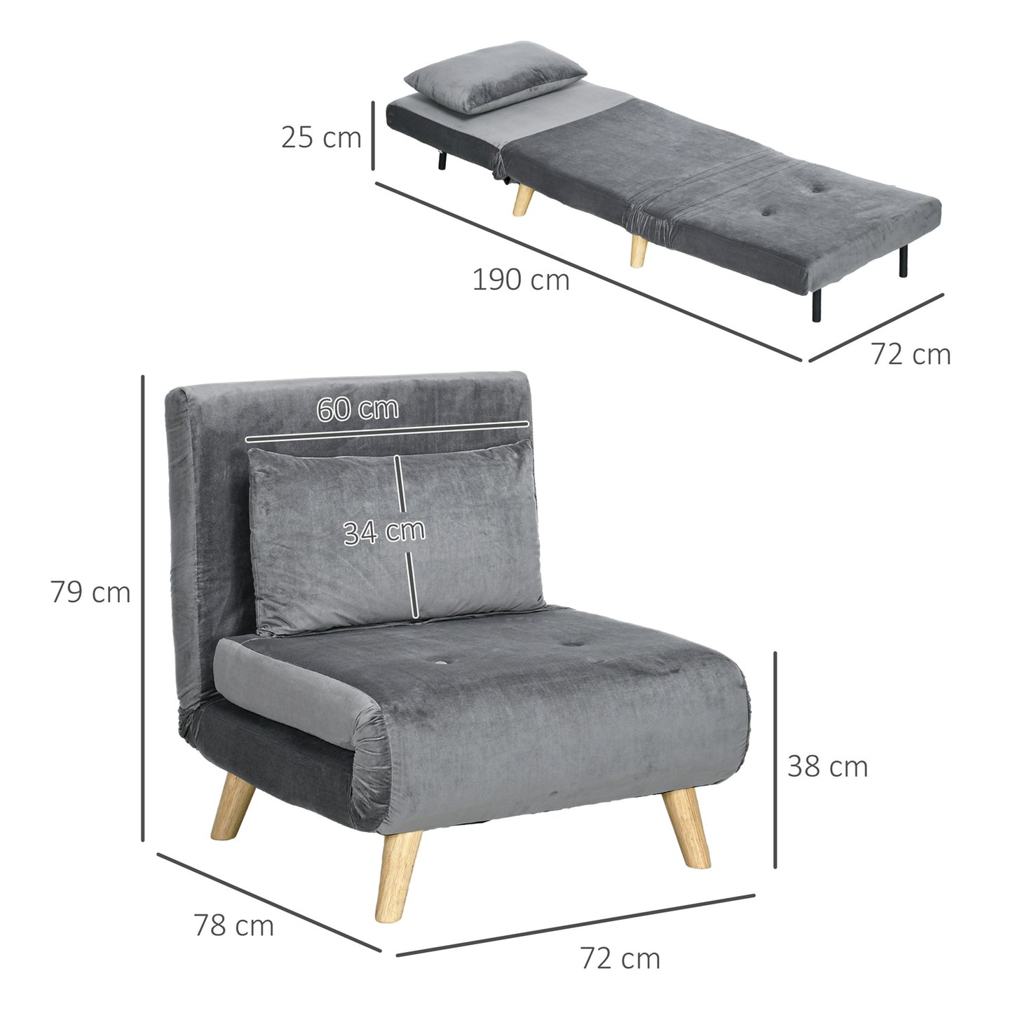 Folding sleeping chair Bed, Adjustable backrest, Gray velvet