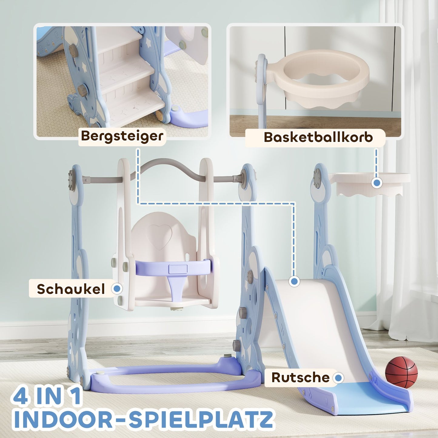 4-in-1 children's slide with swing, arch and climbing frame
