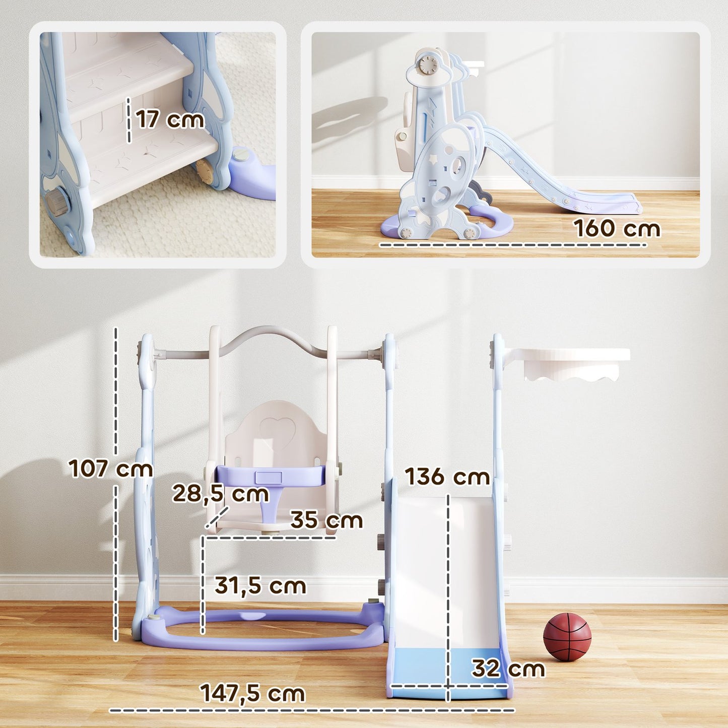 4-in-1 children's slide with swing, arch and climbing frame