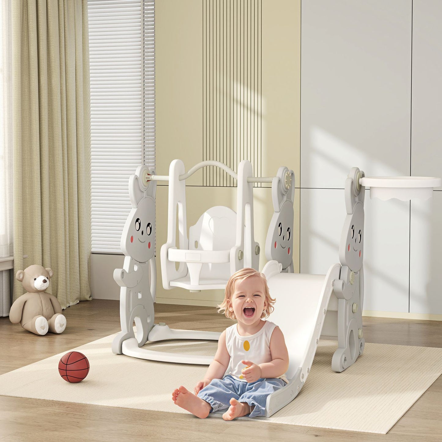 4-in-1 children's slide with gray rabbit design