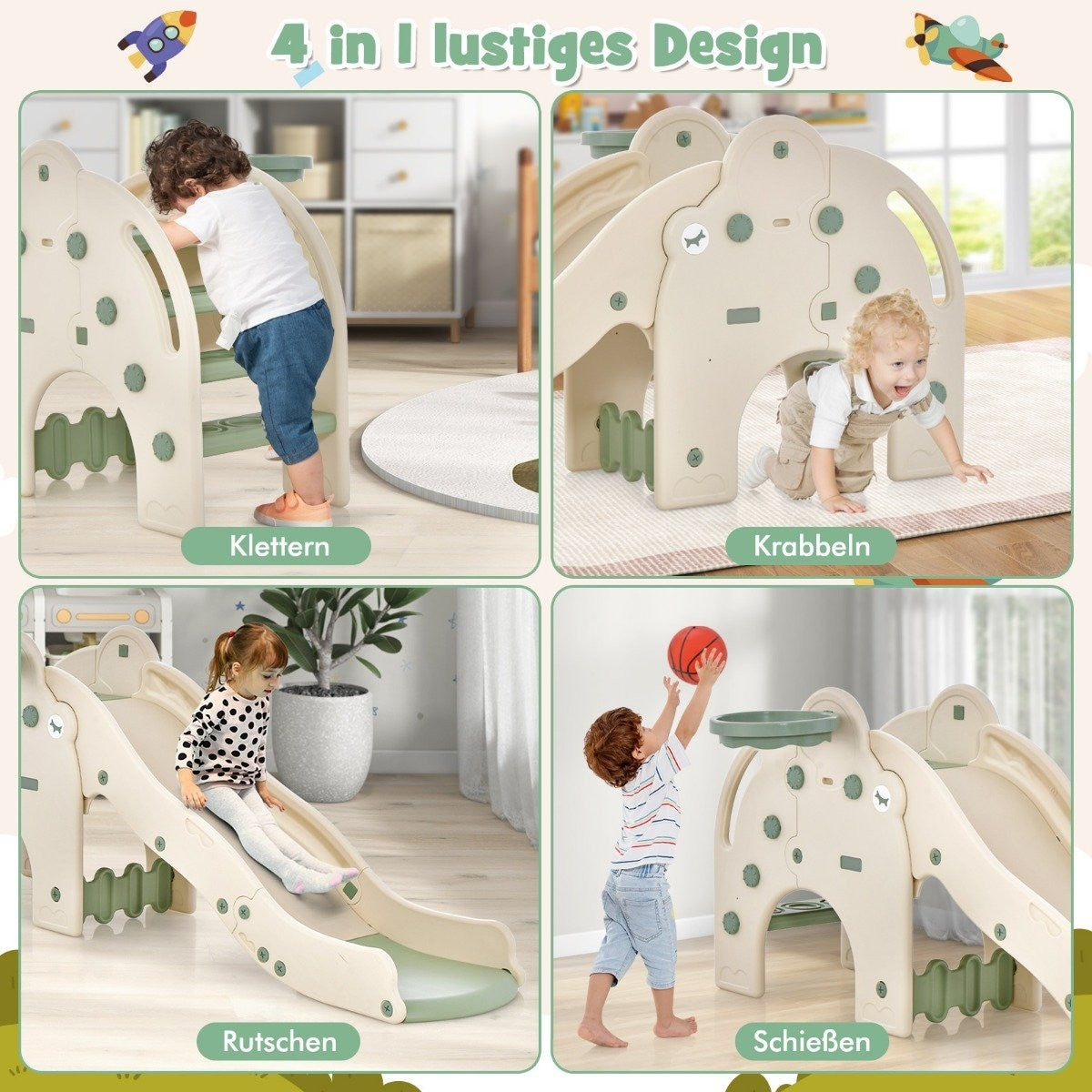 Slide Outdoor 4 in 1 Children's Slide & Tunnel & Basketball Hoop & Ladder 187.5 x 75 x 77.5 cm Green