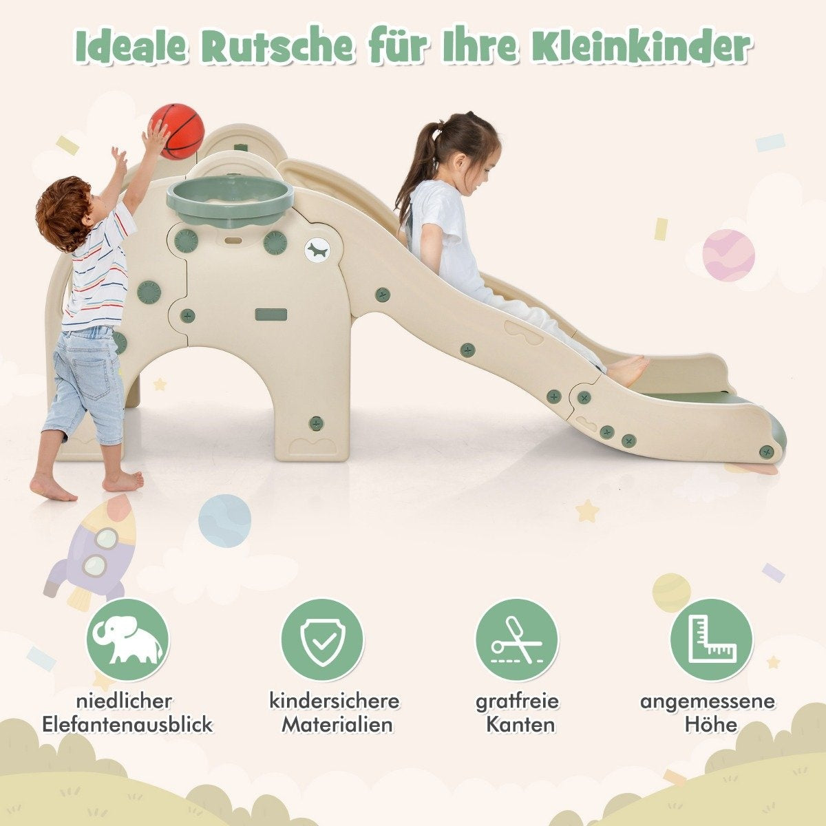 Slide Outdoor 4 in 1 Children's Slide & Tunnel & Basketball Hoop & Ladder 187.5 x 75 x 77.5 cm Green