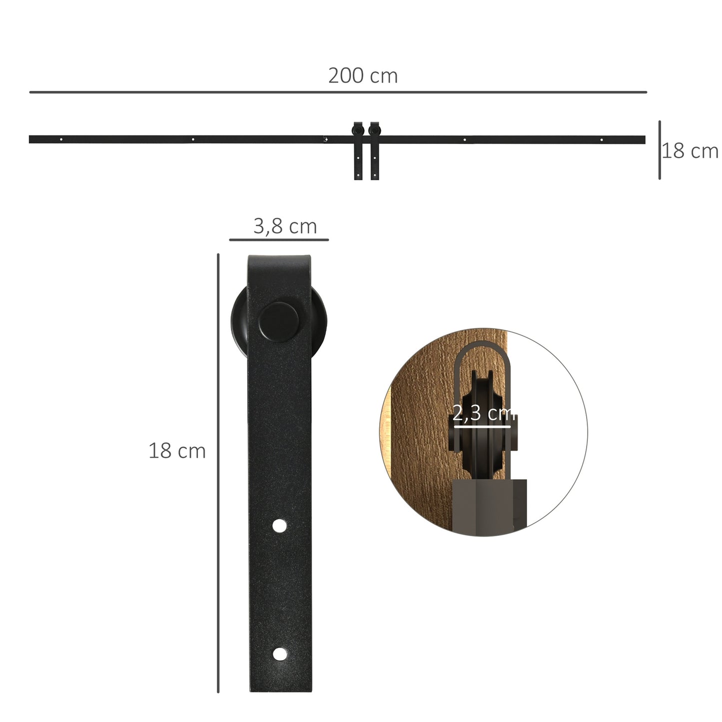 Sliding door kit, black carbon steel, 200 cm track