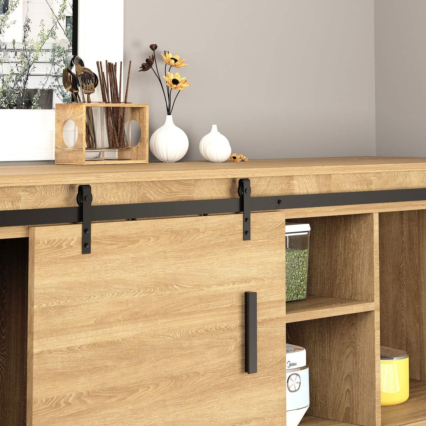 Sliding door kit, black carbon steel, 200 cm track