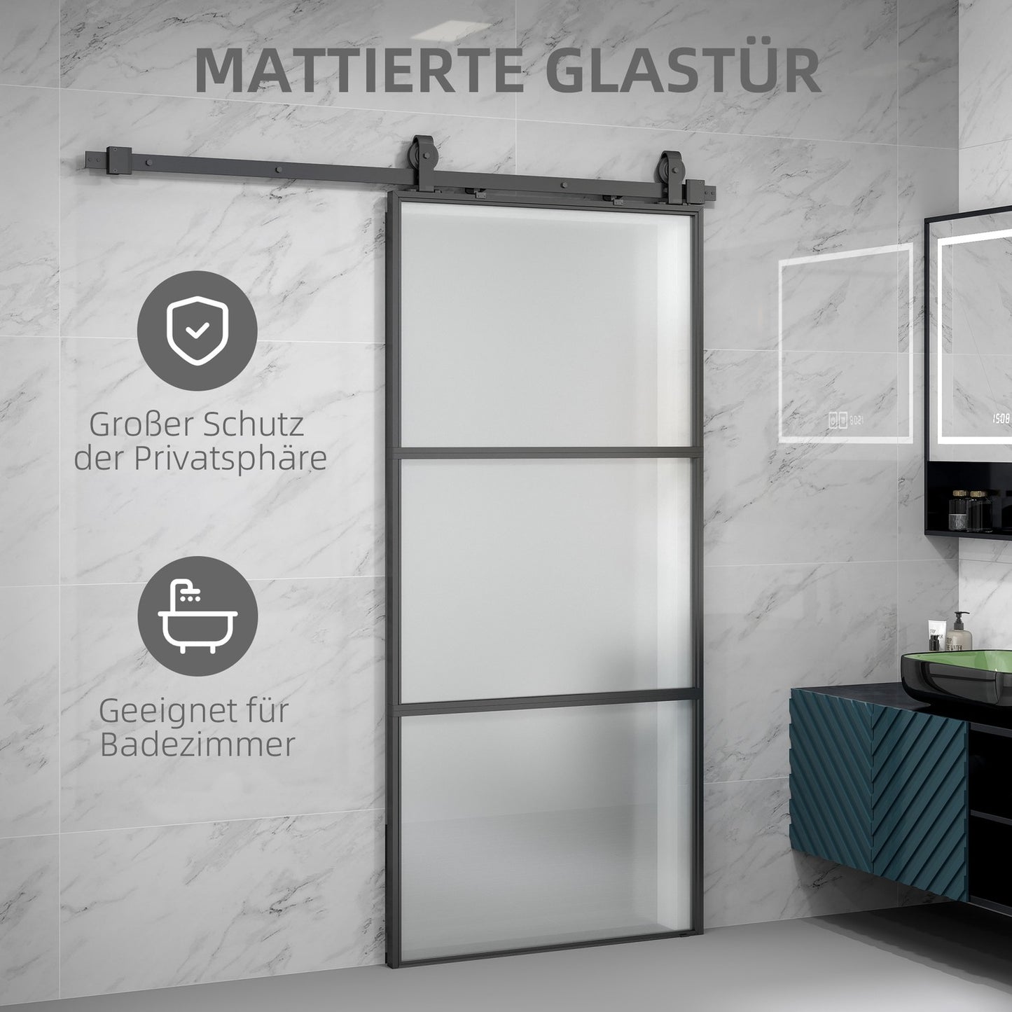 Sliding Door Kit with Frosted Glass, Soft-Close, Black Steel