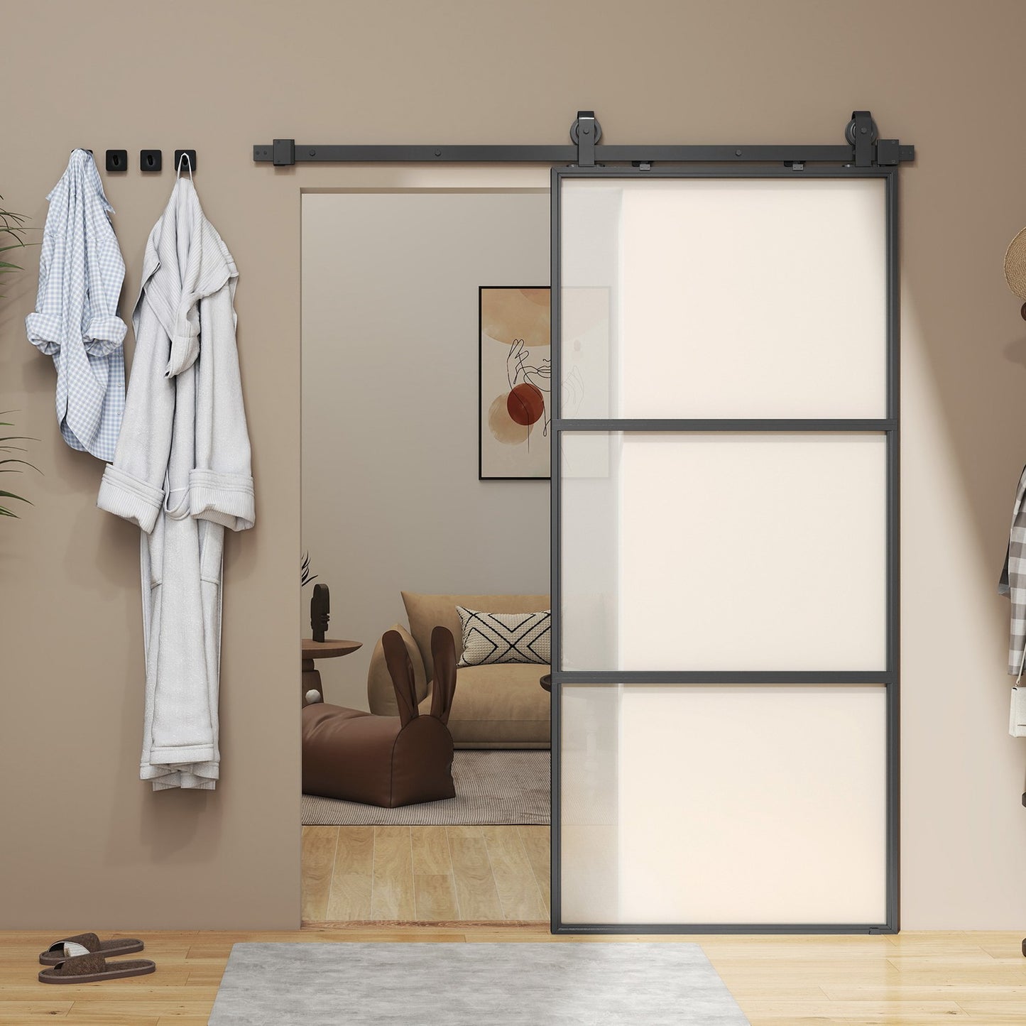 Sliding Door Kit with Frosted Glass, Soft-Close, Black Steel