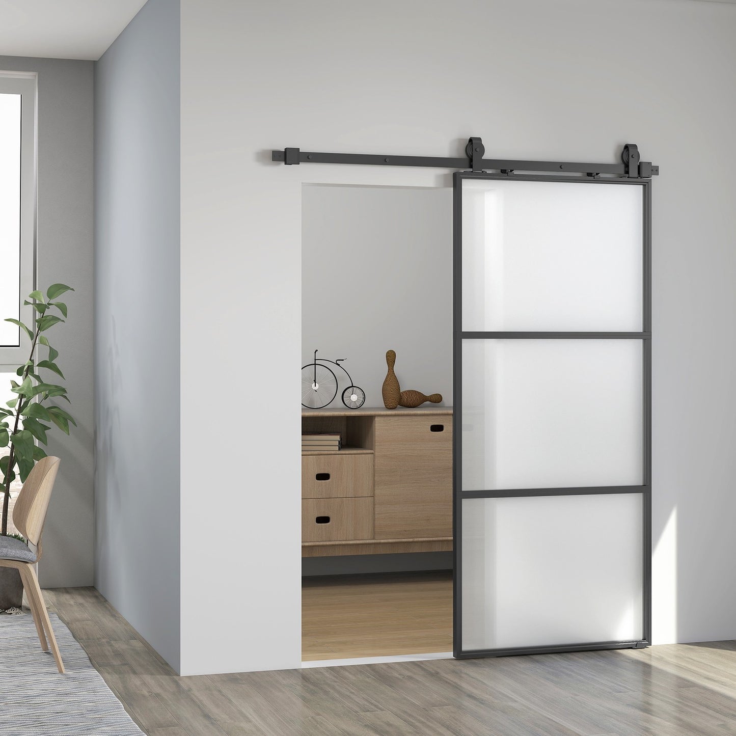 Sliding Door Kit with Frosted Glass, Soft-Close, Black Steel