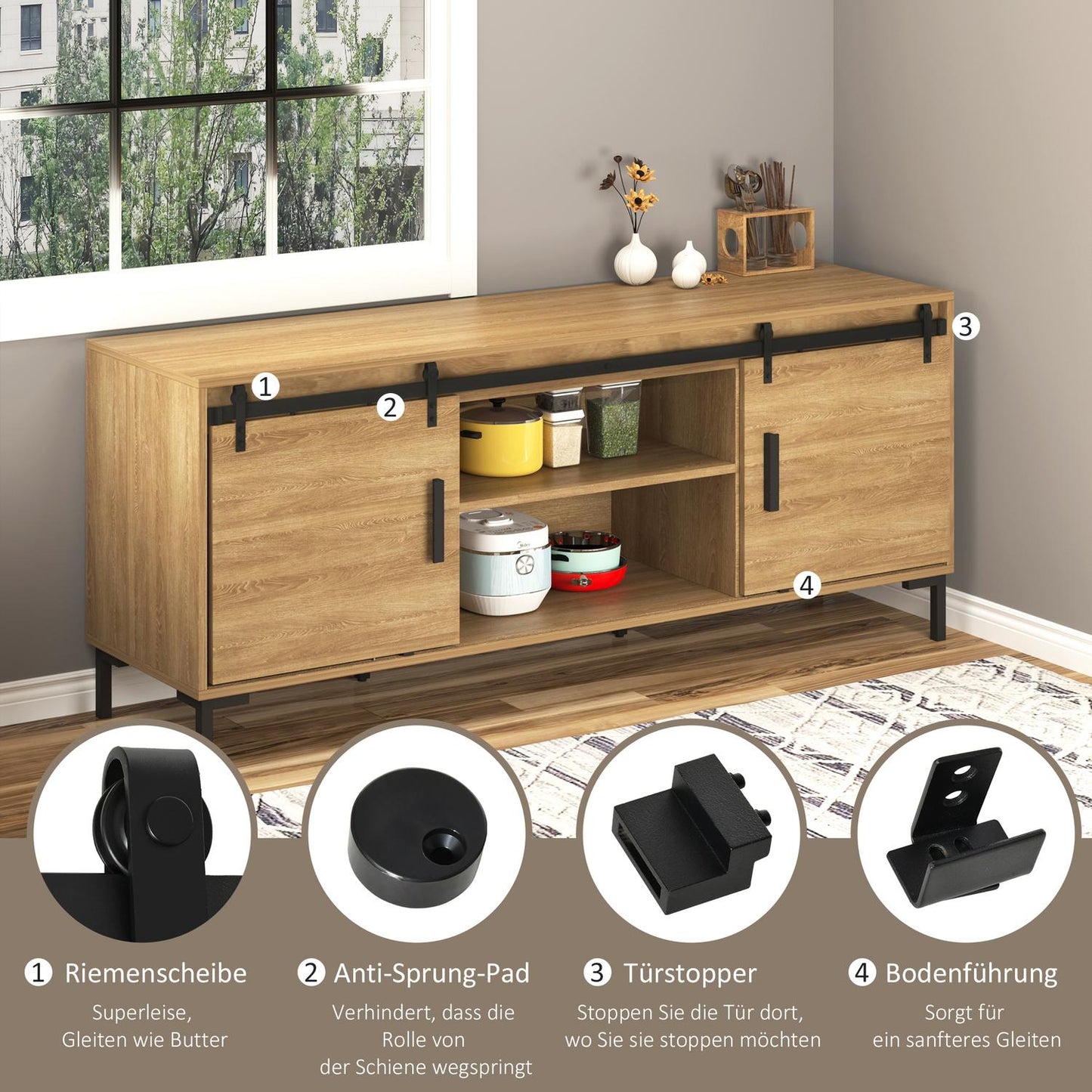 Double sliding door system in wood, black carbon steel