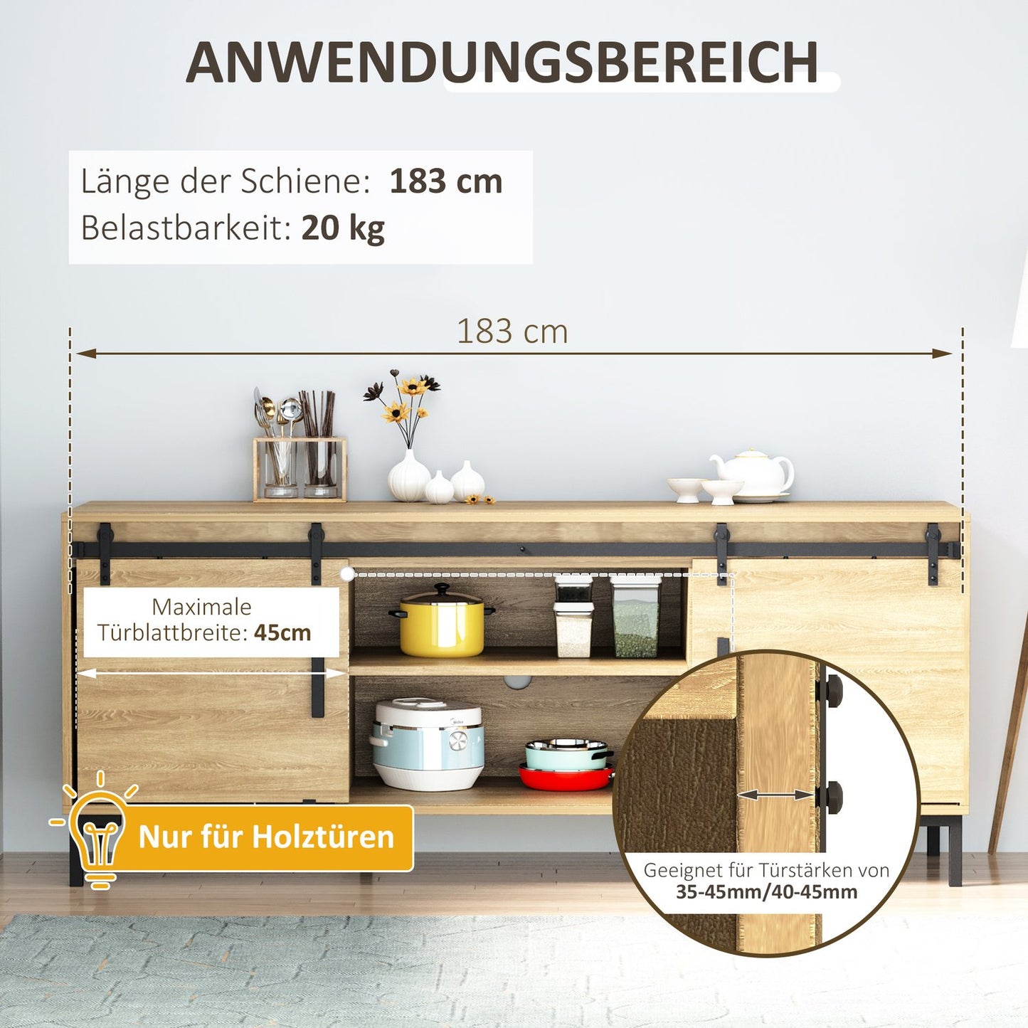 Double sliding door system in wood, black carbon steel