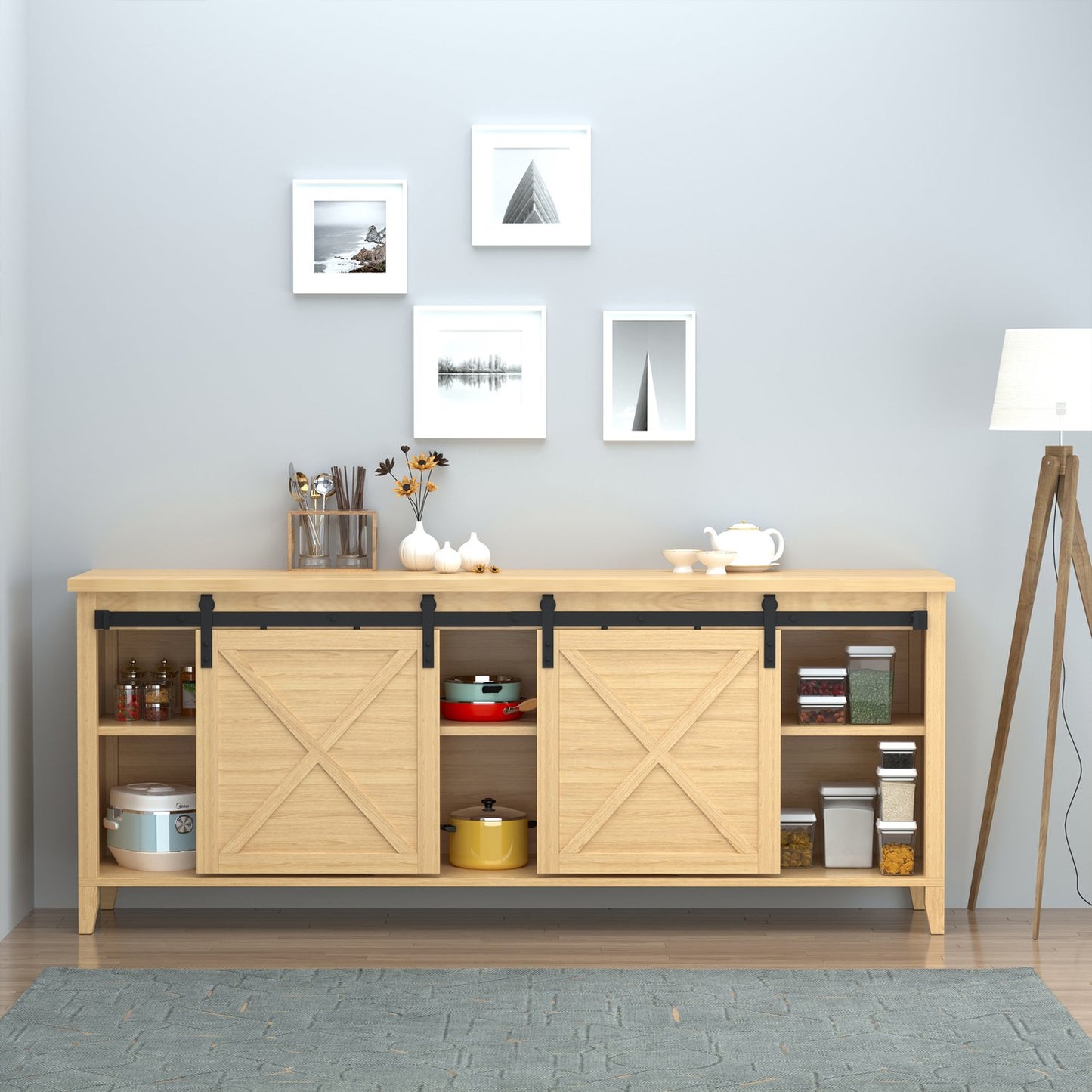 Double sliding door system in wood, black carbon steel