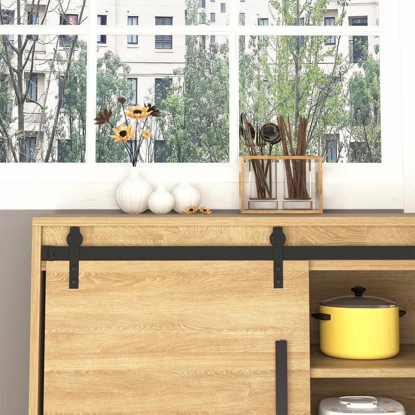 Double sliding door system in wood, black carbon steel