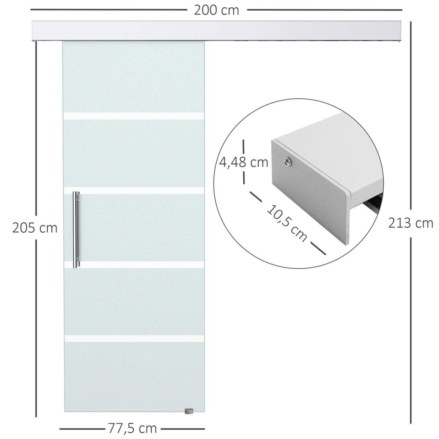 Sliding glass door with satin stripes, handle - 2050x775 mm