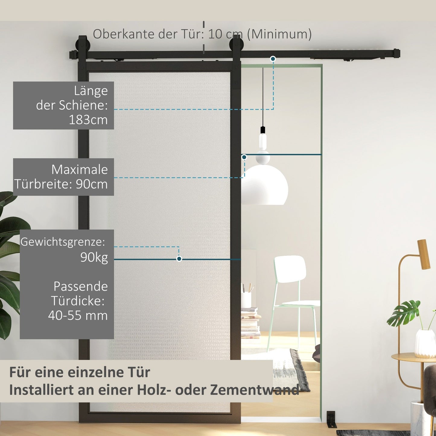 Sliding door kit, 183cm, carbon steel, black finish