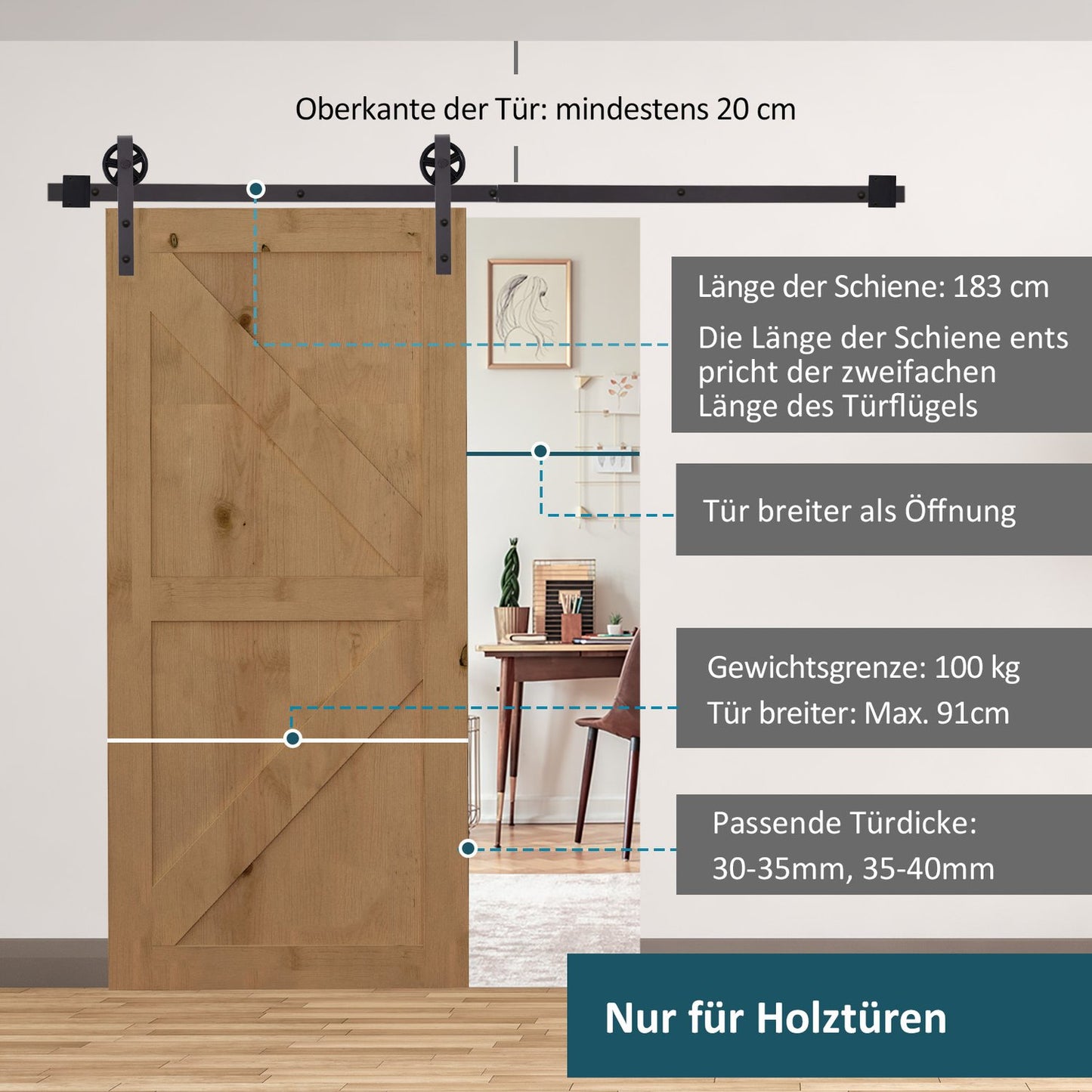Sliding door hardware set, 183 cm, Carbon steel, Dark brown