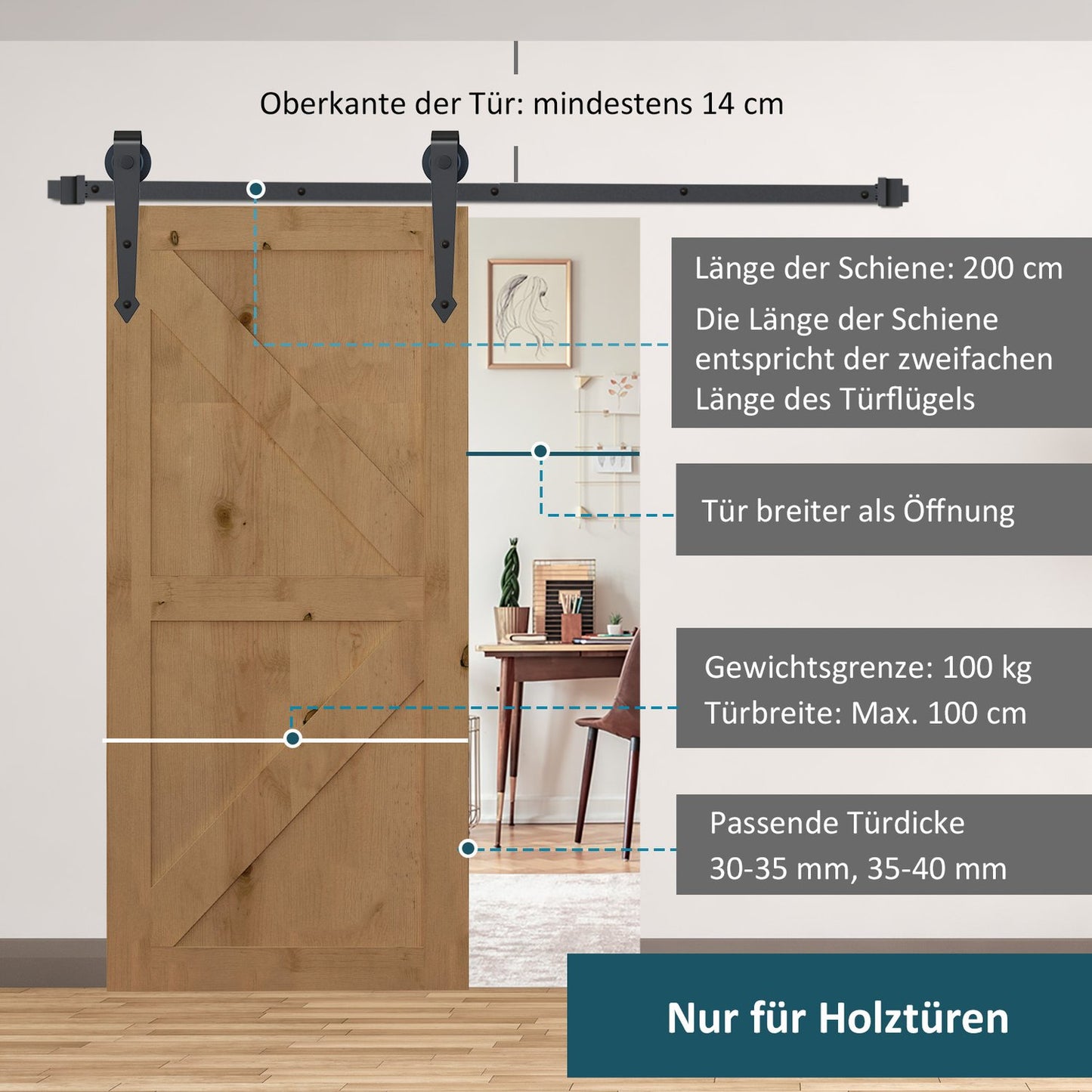 Sliding door hardware set, carbon steel, 200 cm, brown