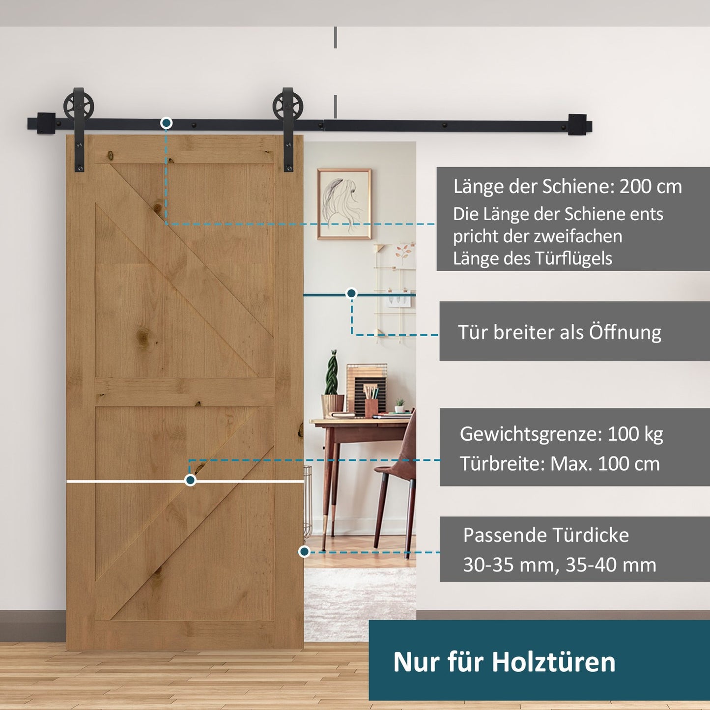 Sliding door hardware kit, black carbon steel, 200 cm rails