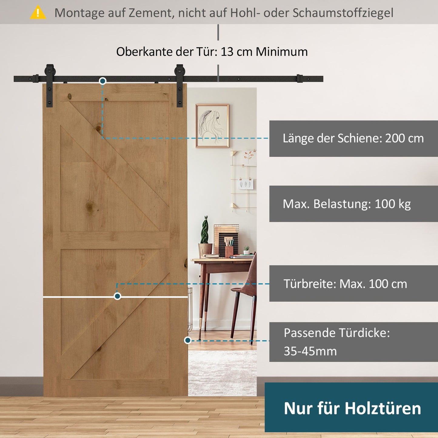Sliding door hardware set, 200 cm, Carbon steel, Black