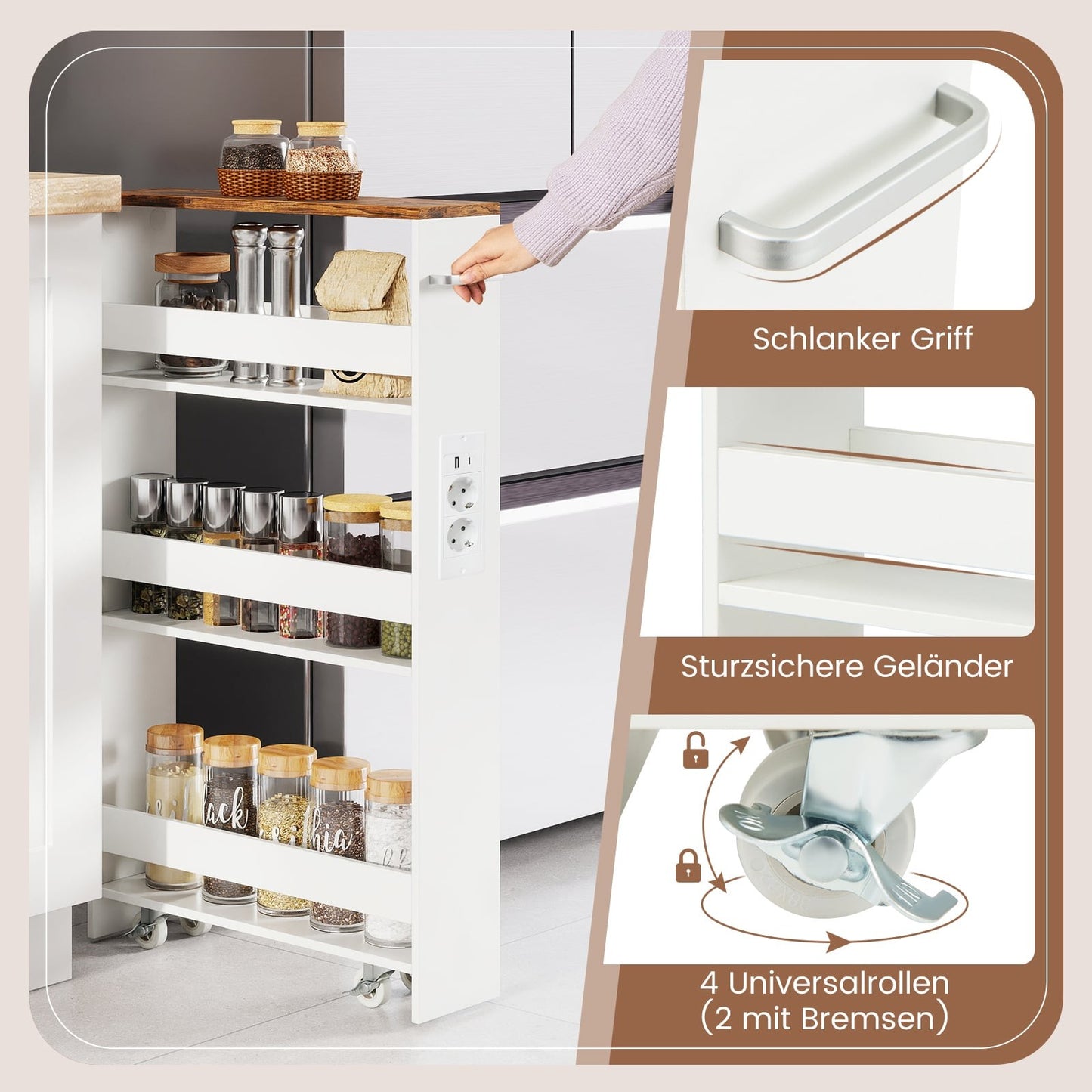 Slim 13cm Rolling Storage Cart with Charging Station