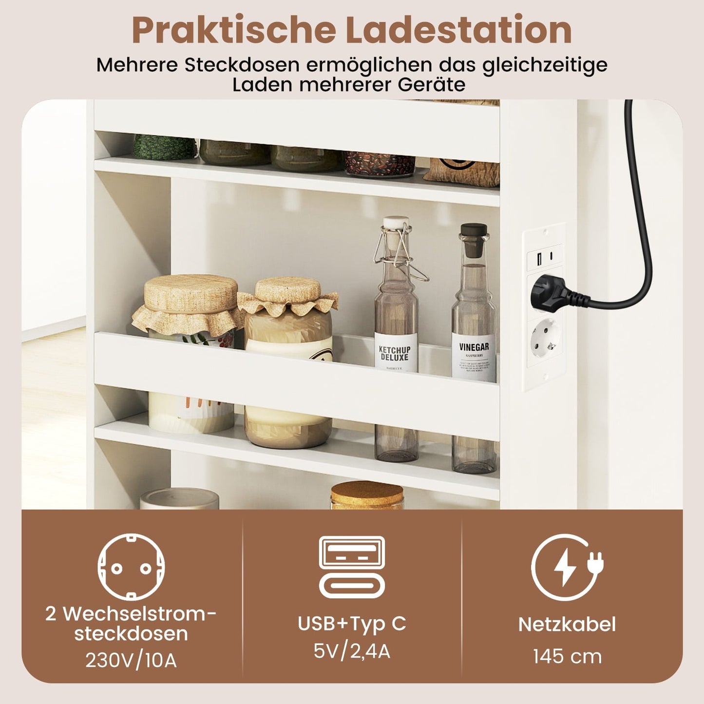 Slim 13cm Rolling Storage Cart with Charging Station