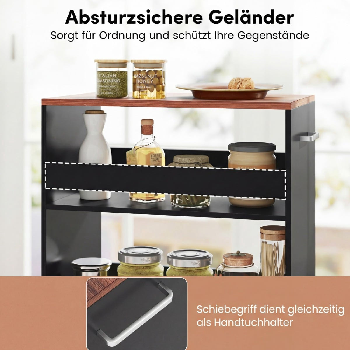 Slim 4-Tier Rolling Kitchen Cart with Handle, Black/Vintage