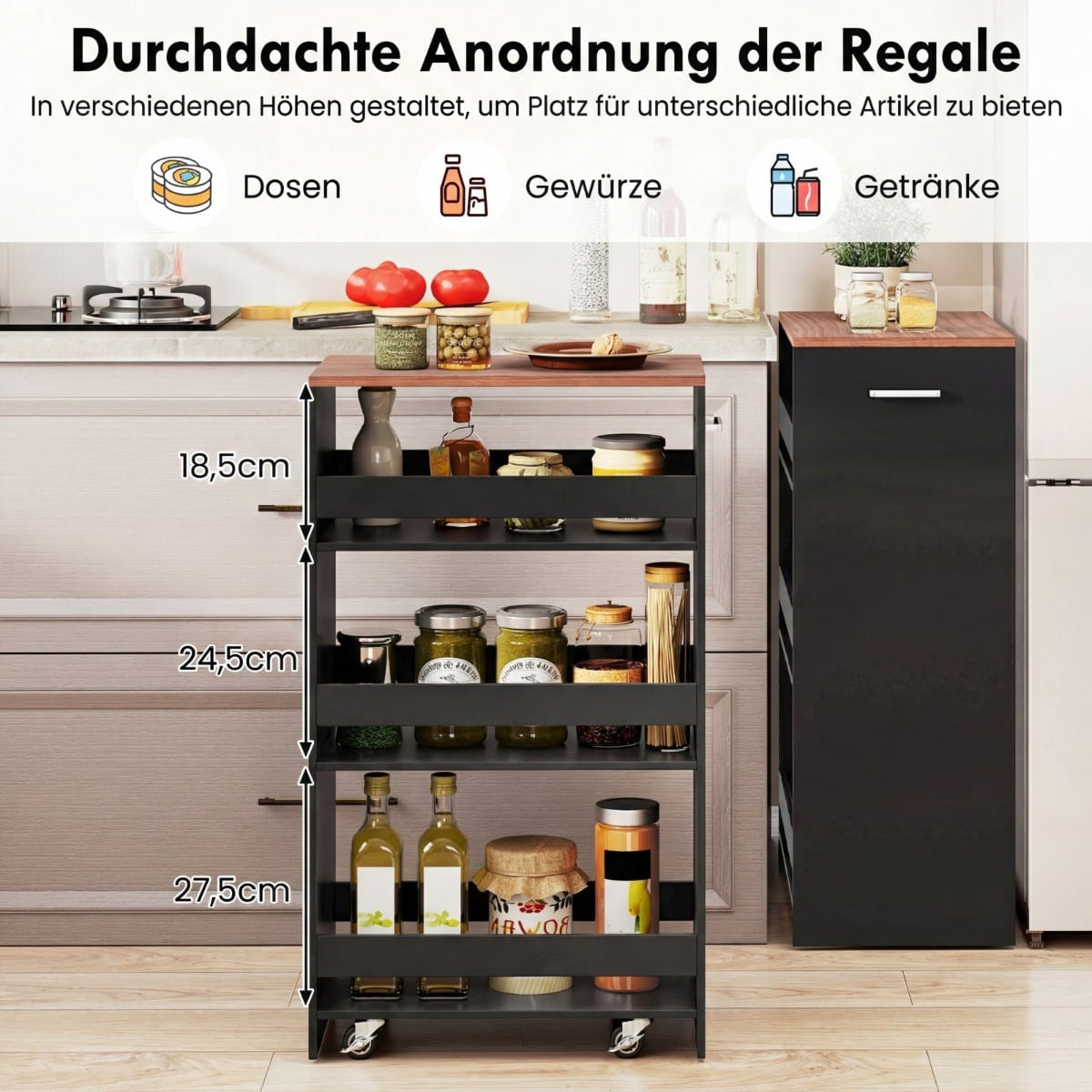 Slim 4-Tier Rolling Kitchen Cart with Handle, Black/Vintage