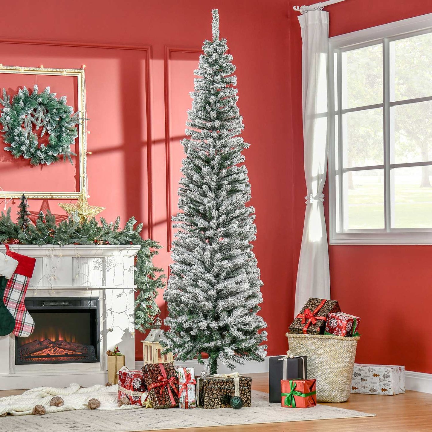 Slim Artificial Christmas Tree with Snowy Coating, 225 cm
