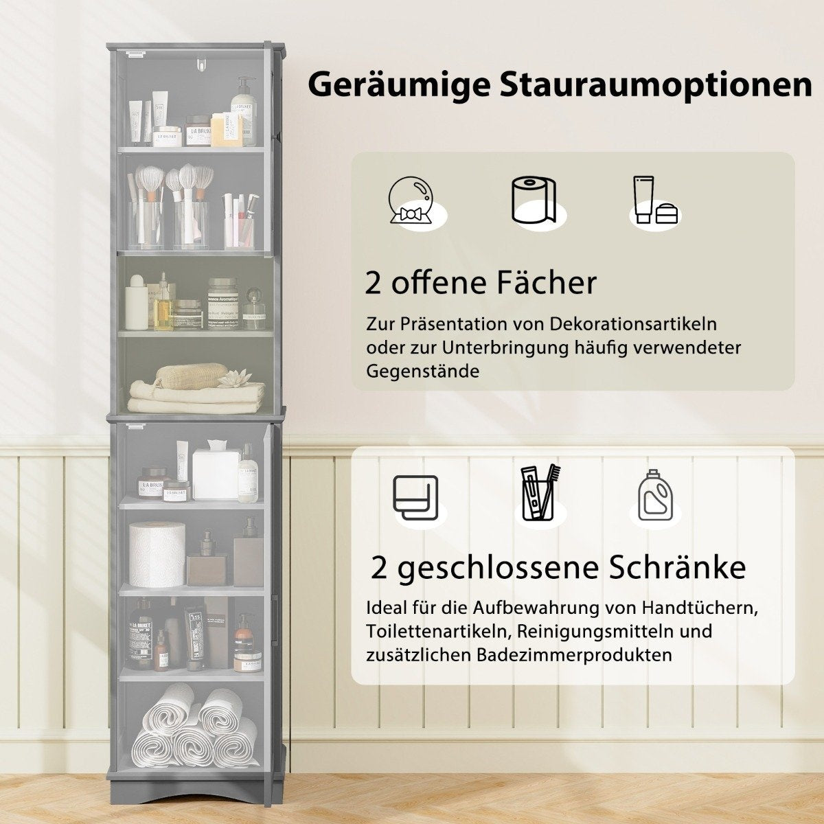 Slim Bathroom Cabinet with 5 Adjustable Shelves & 2 Doors Freestanding Tall Cabinet Grey