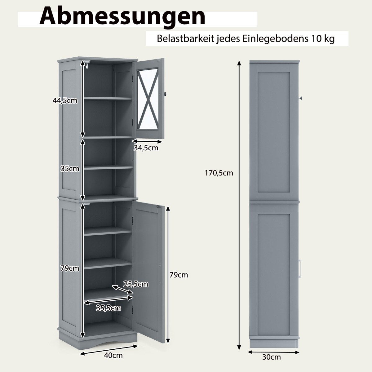 Slim Bathroom Cabinet with 5 Adjustable Shelves & 2 Doors Freestanding Tall Cabinet Grey