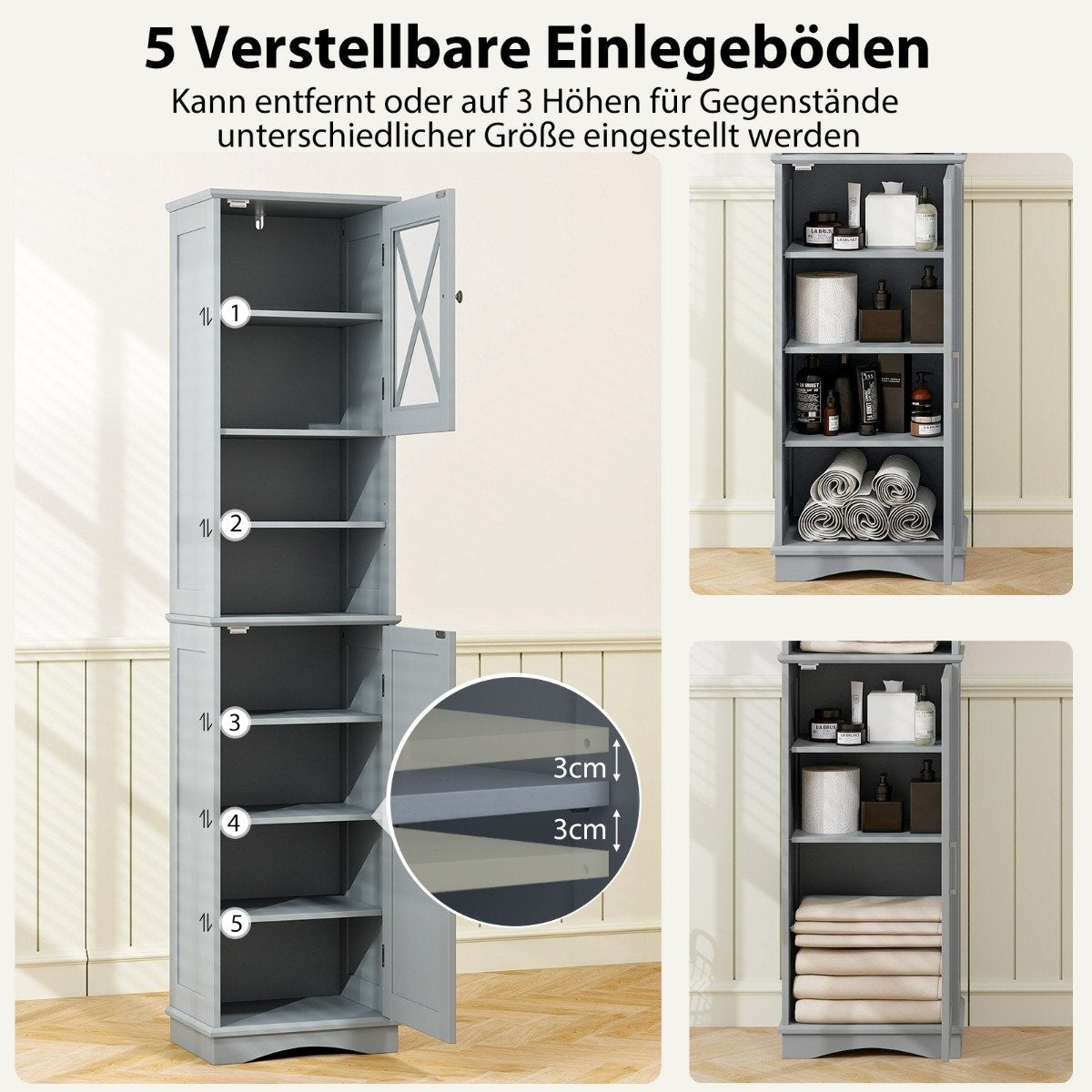Slim Bathroom Cabinet with 5 Adjustable Shelves & 2 Doors Freestanding Tall Cabinet Grey