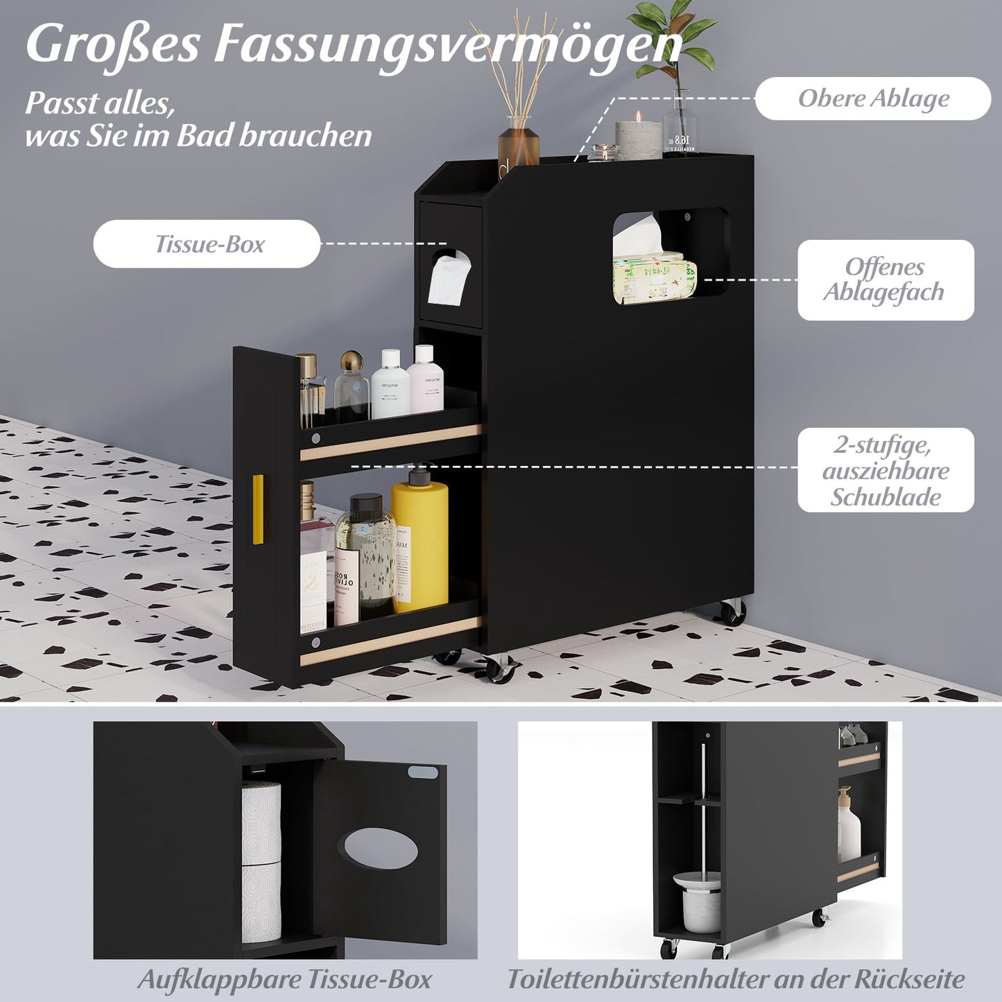 Slim Bathroom Cabinet with Drawer and Tissue Box, Black
