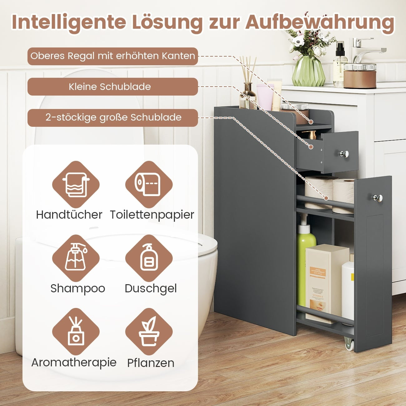 Slim Bathroom Cabinet with Drawers, Grey, Space-Saving Design