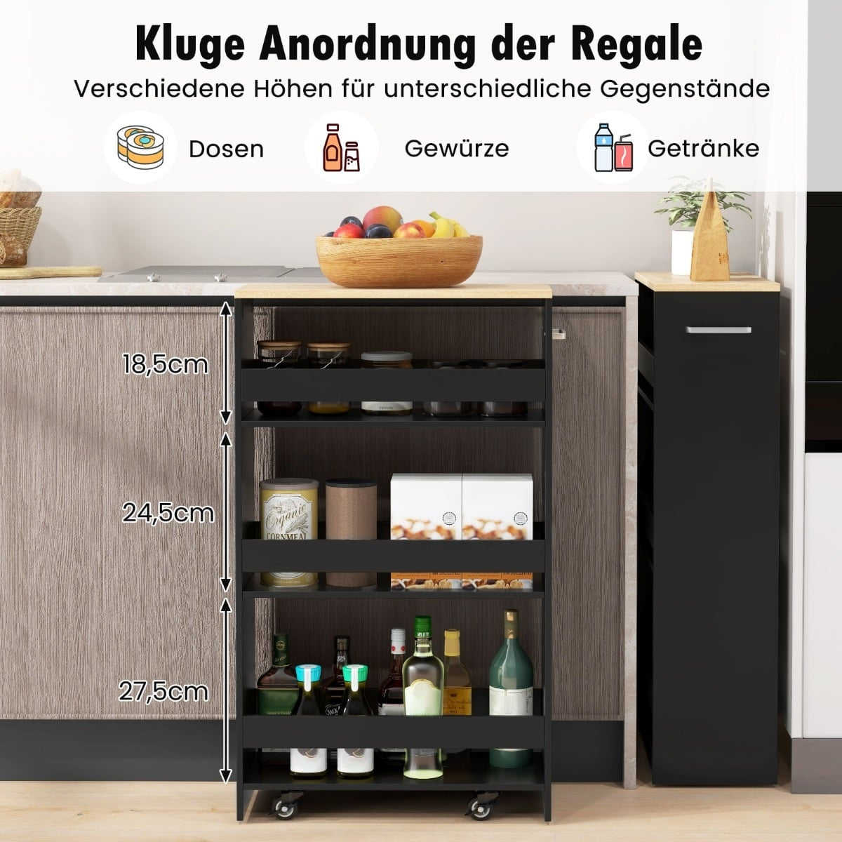 Slim Kitchen Trolley, 4-Tier, 20cm Wide, Black, Rolling