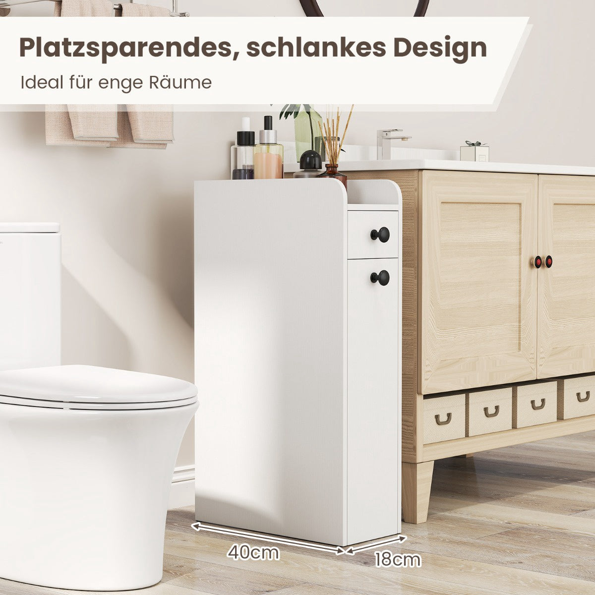 Slim Rolling Bathroom Cabinet with Open Shelf & 2 Drawers