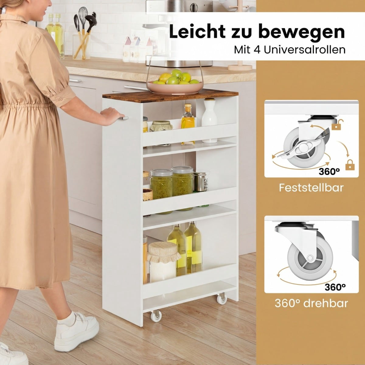 Slim Rolling Kitchen Cart with Charging Station, 4-Tier Organizer