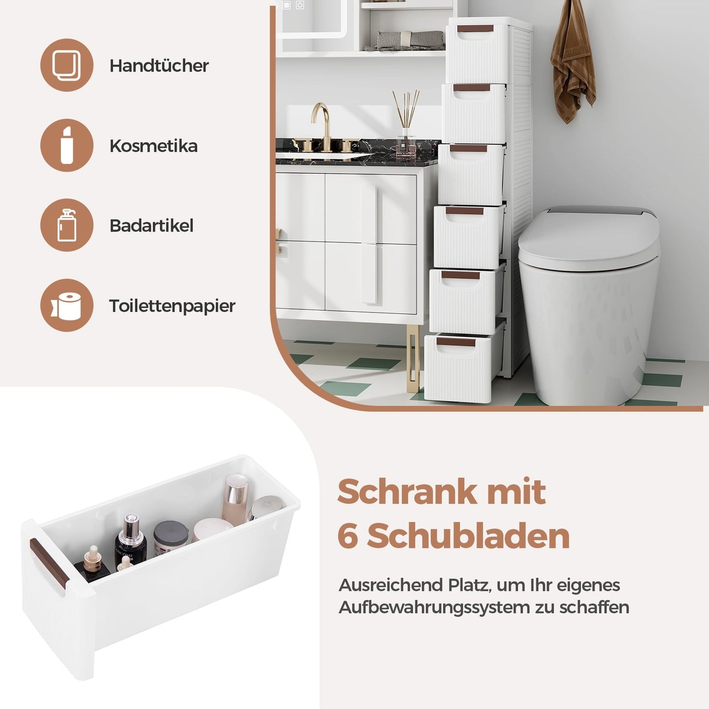 Slim Rolling Storage Cabinet with 6 Drawers, White, PP Material