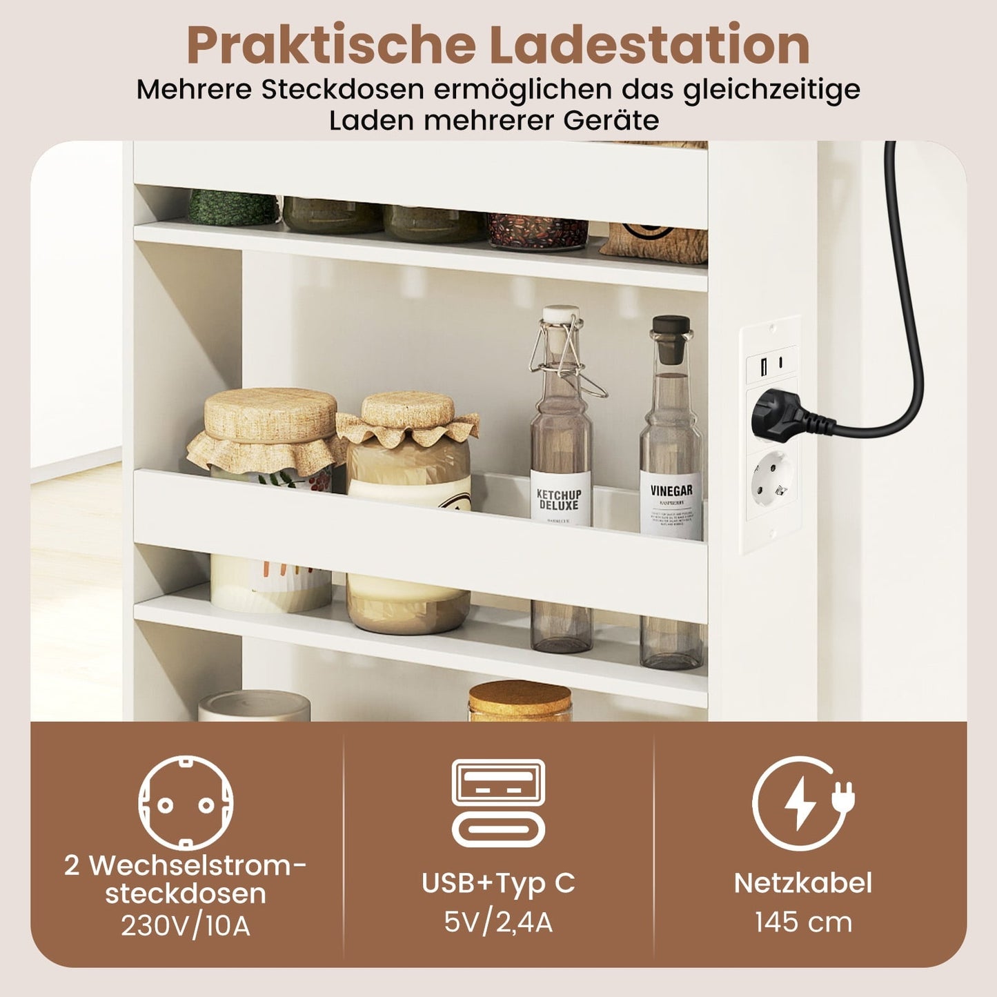 Slim Rolling Storage Cart with Charging Station, 4-Tier, 13cm
