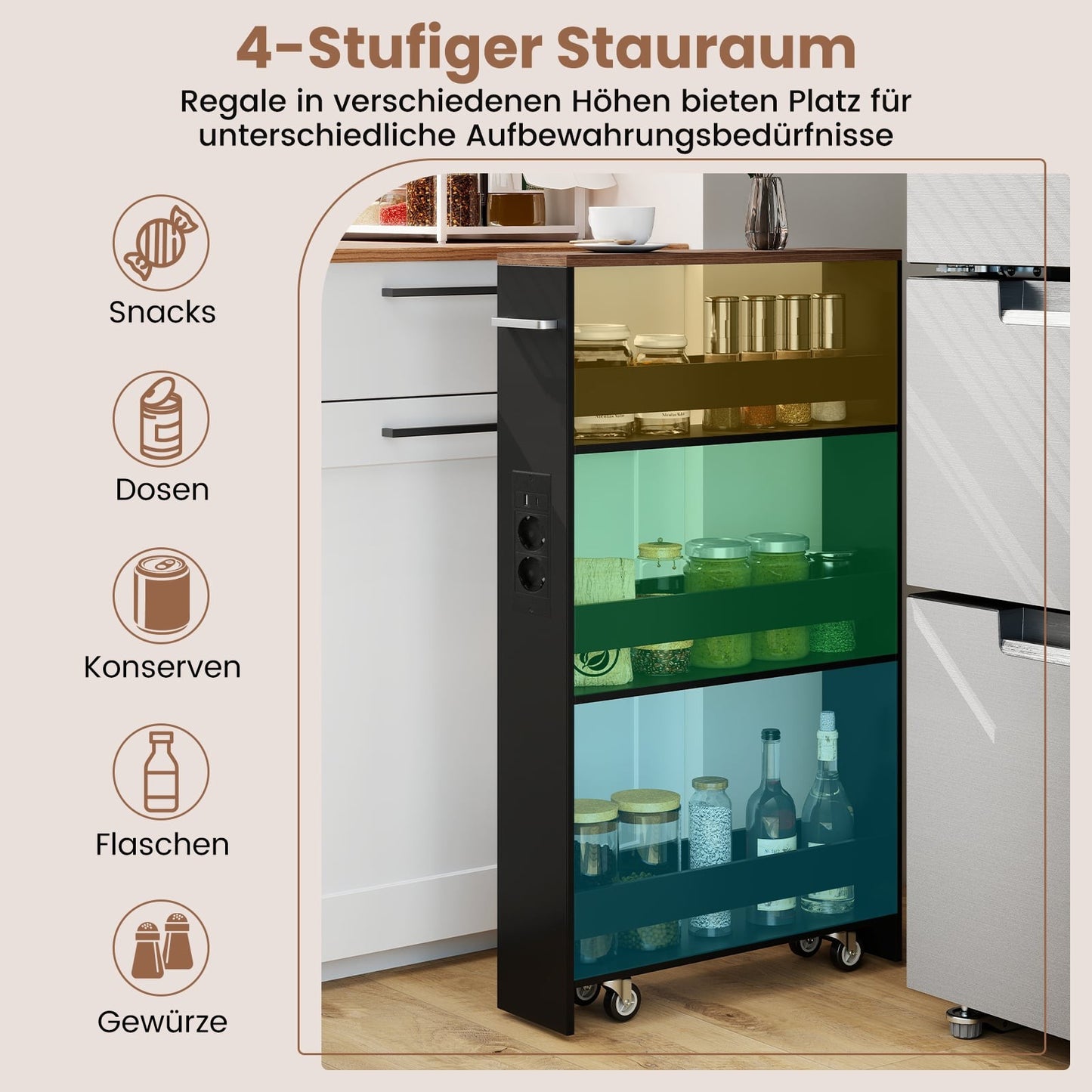 Slim Rolling Storage Cart with Charging Station, 4-Tier, Black