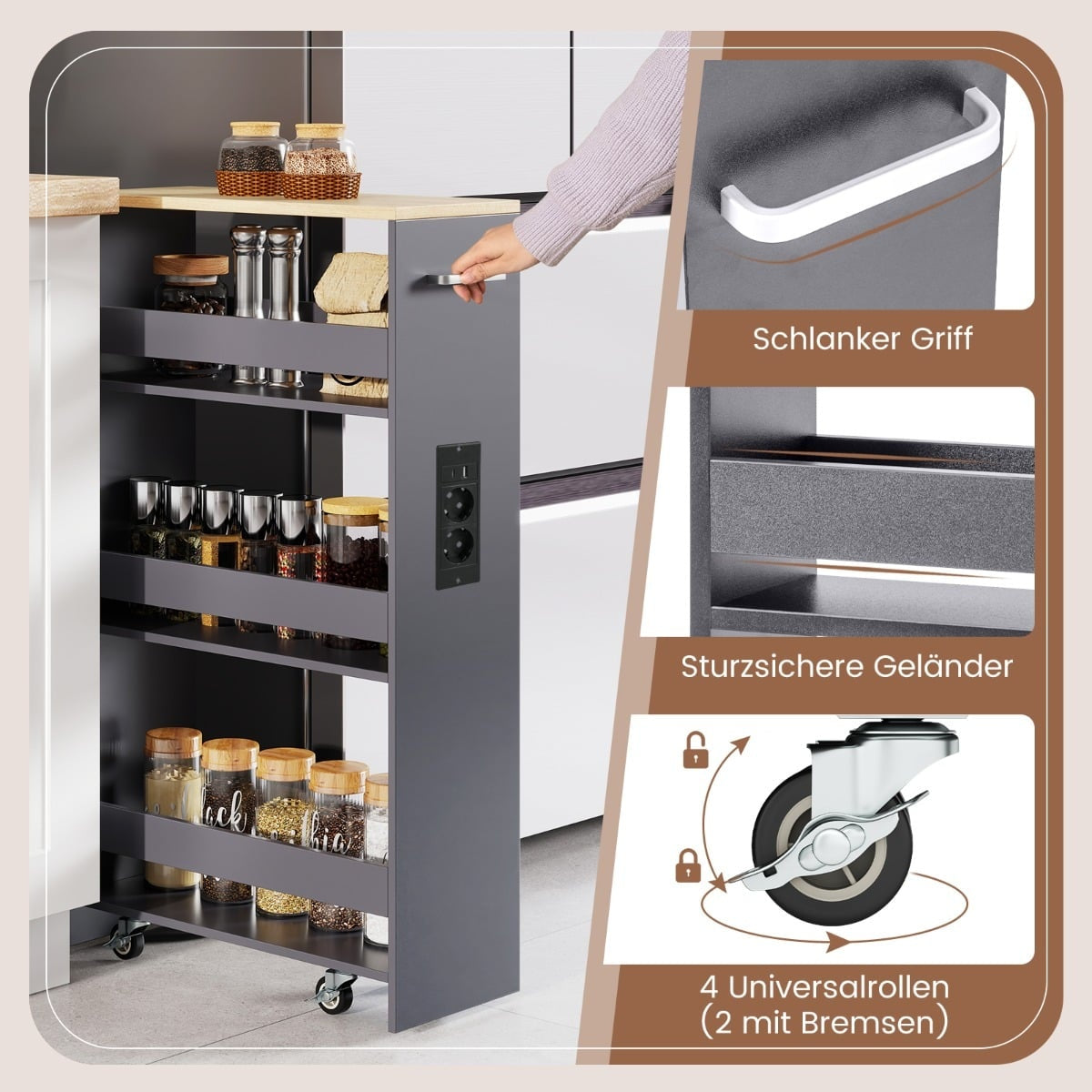 Slim Rolling Storage Cart with Charging Station, 4-Tier, Gray