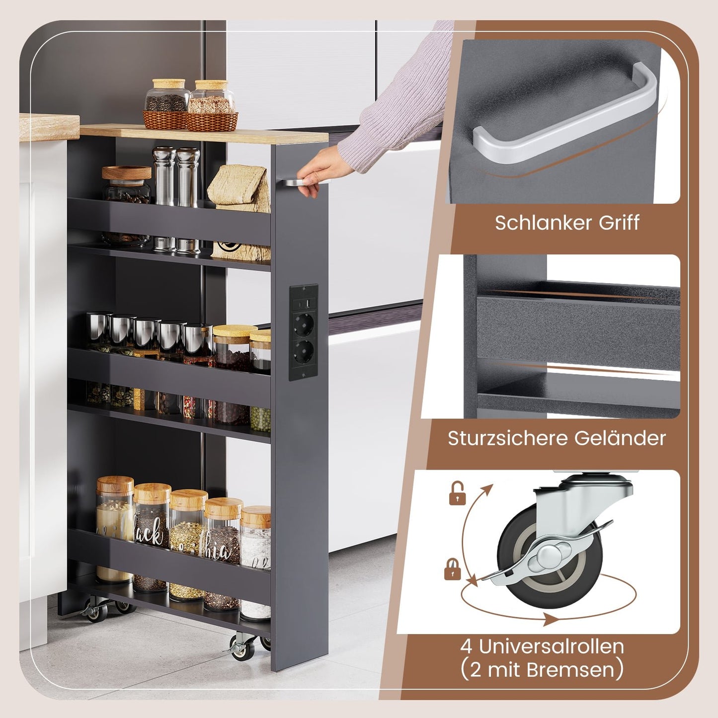 Slim Rolling Storage Cart with Charging Station, 4-Tier, Grey