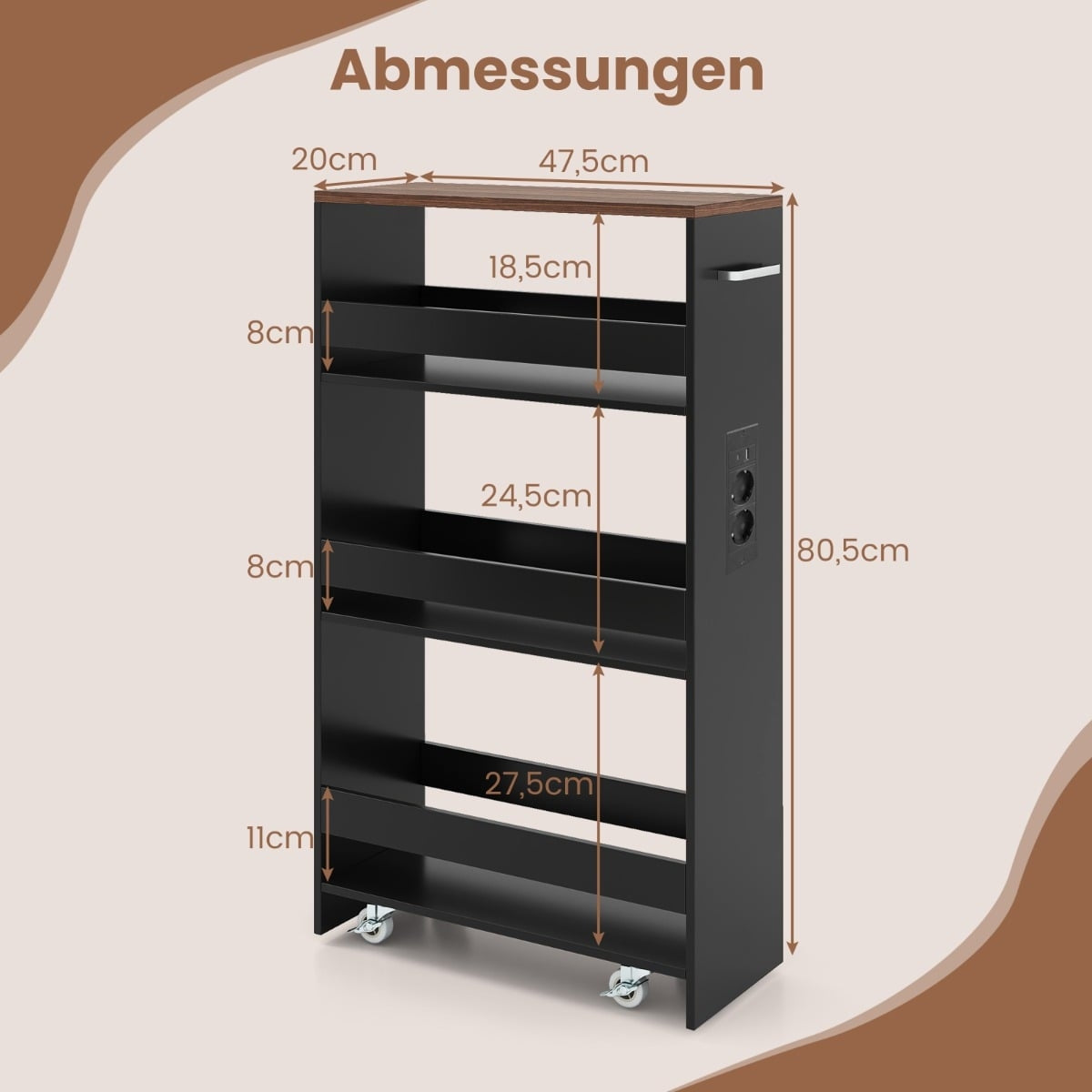 Slim Rolling Storage Cart with Charging Station – Black/Vintage Brown
