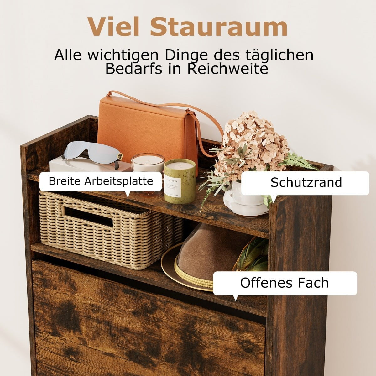 Slim Shoe Cabinet with 2 Flip Compartments, Rustic Wood