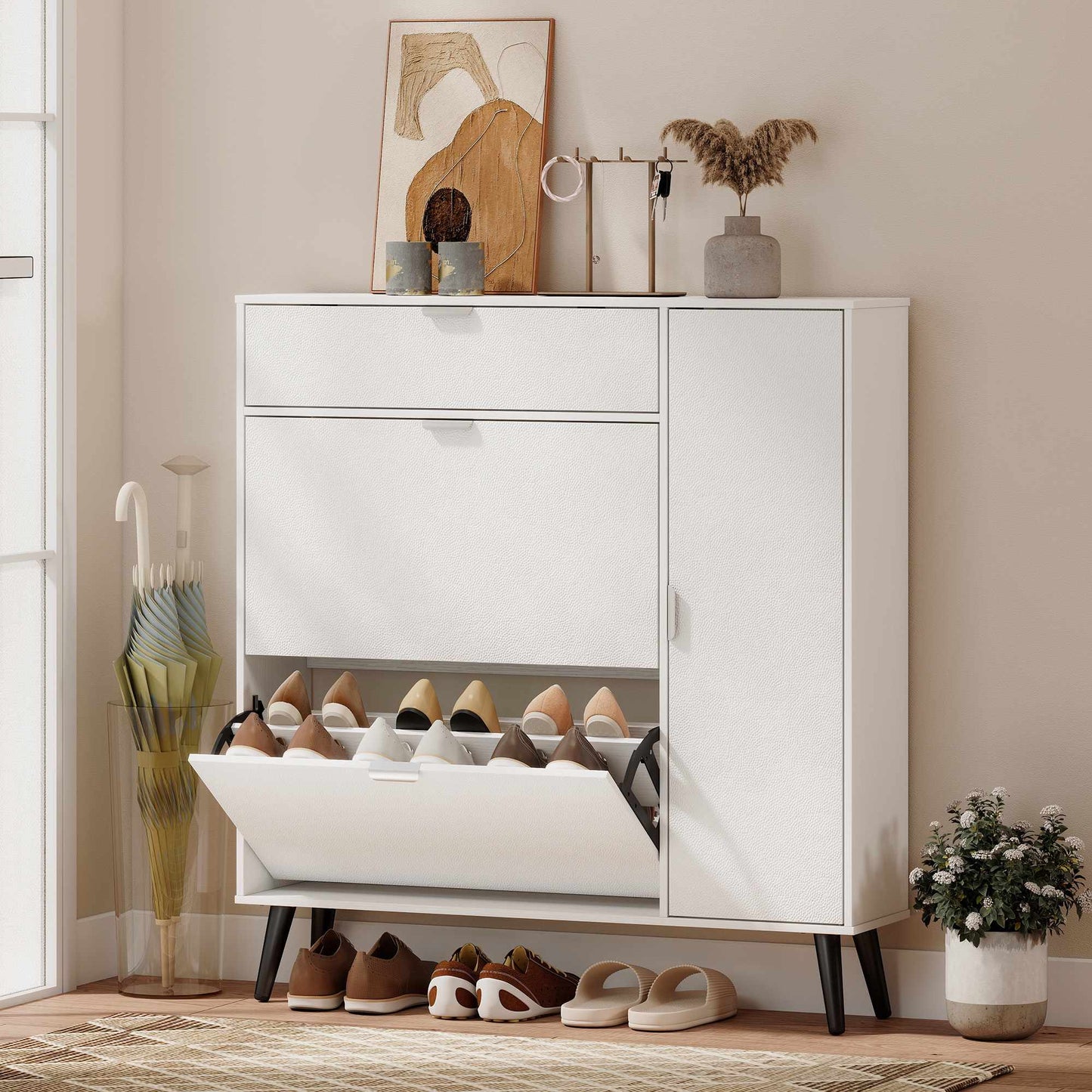Slim Shoe Cabinet with 2 Flip Compartments, White MDF