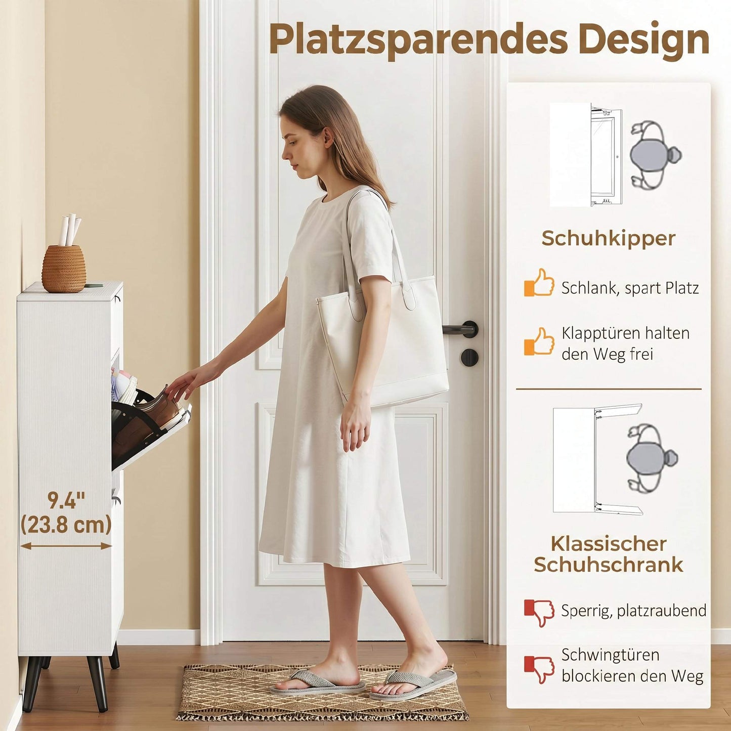 Slim Shoe Cabinet with 2 Flip Compartments, White MDF