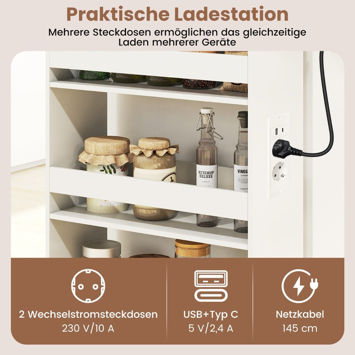 Slim Storage Cart with Charging Station – 4-Tier, Rustic Brown
